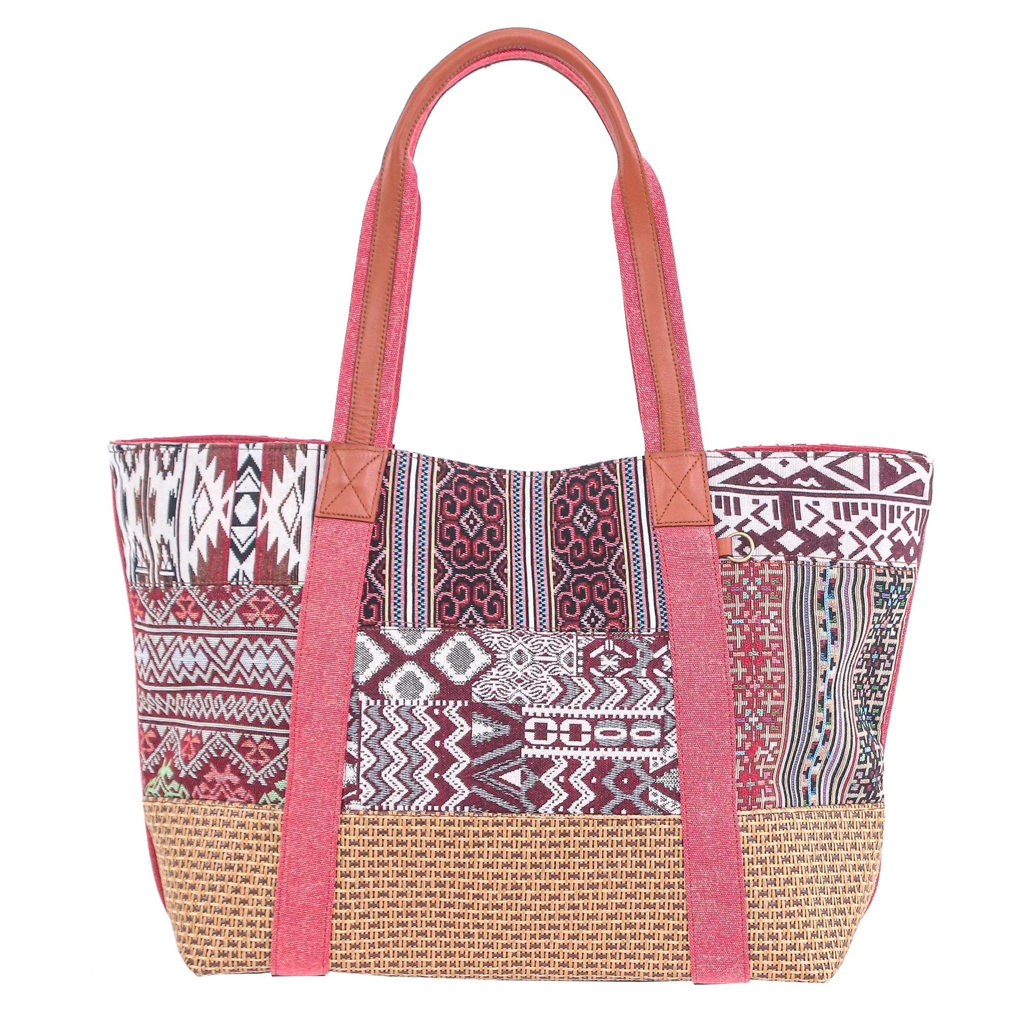 Happy Journey in Red Woven Cotton and Leather Shoulder Bag - Image 2