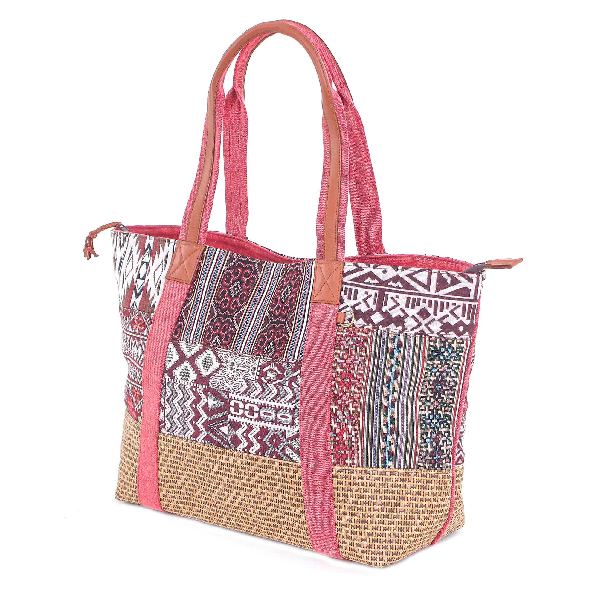 Happy Journey in Red Woven Cotton and Leather Shoulder Bag - Image 3
