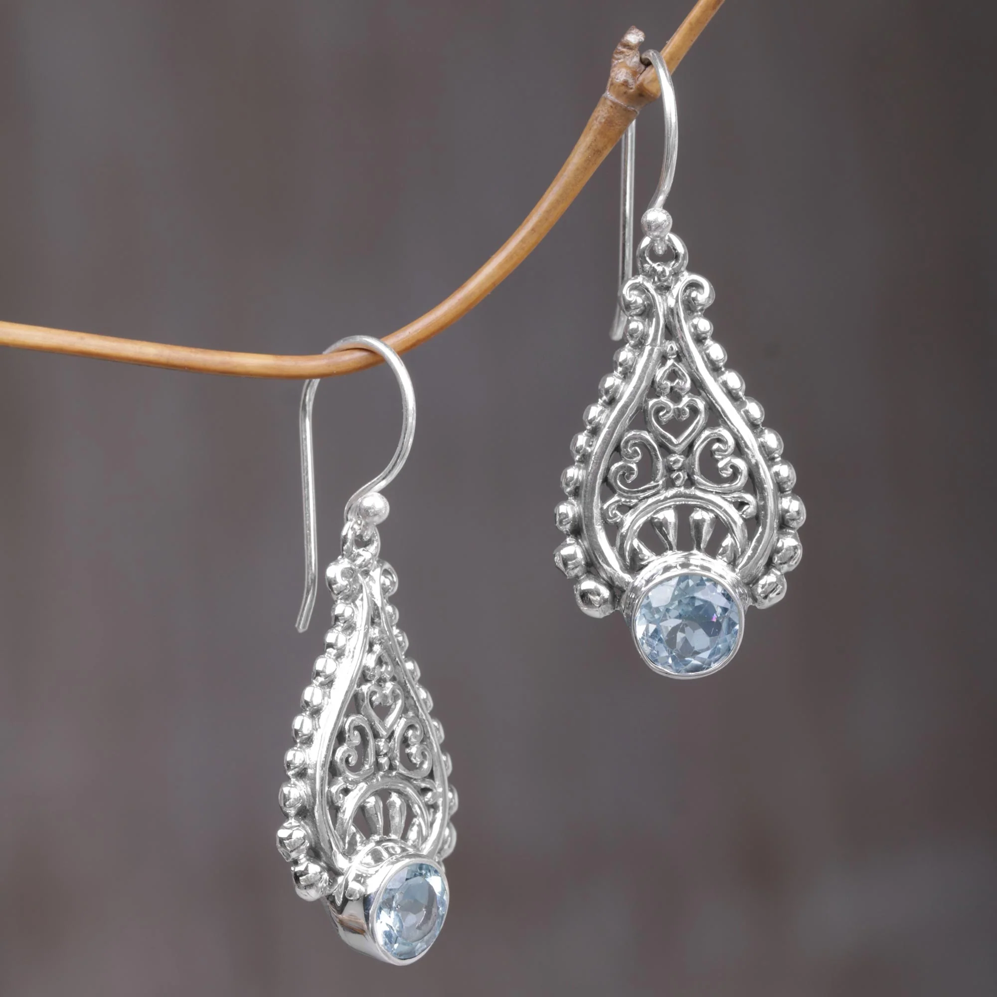 Happy Tears Handmade Balinese Sterling Silver Blue Topaz Dangle Earrings - Image 3