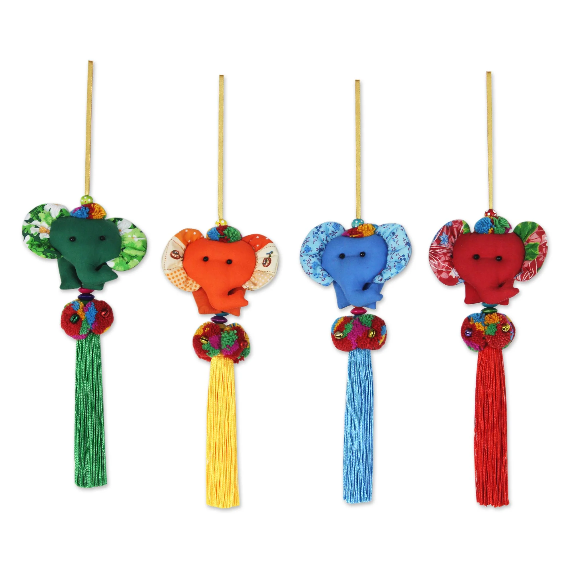 Happy Thai Elephants 4 Artisan Crafted Multicolor Thai Cotton Elephant Ornaments - Image 2