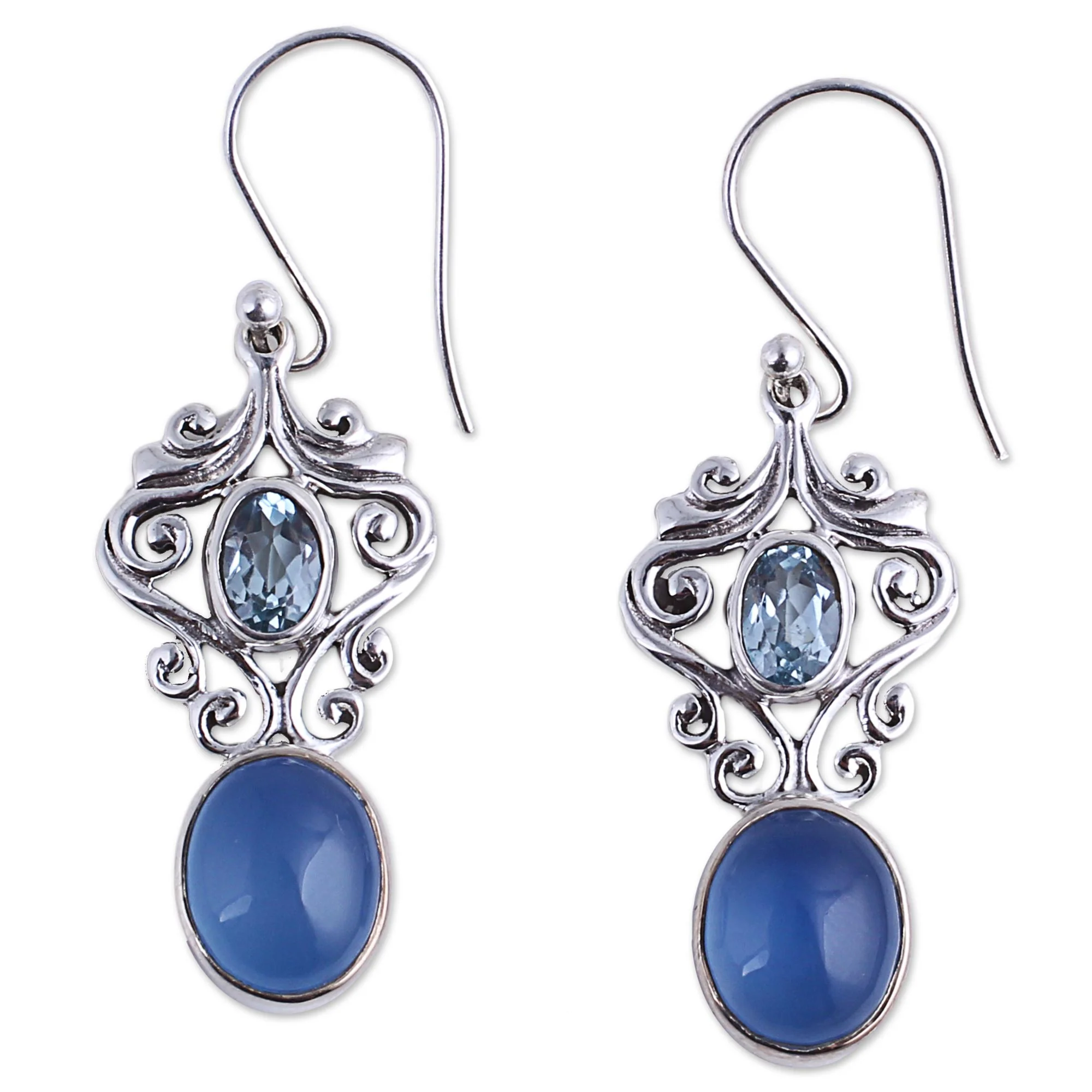 Harmonious Blue Handcrafted Blue Chalcedony and Topaz Dangle Earrings - Image 2