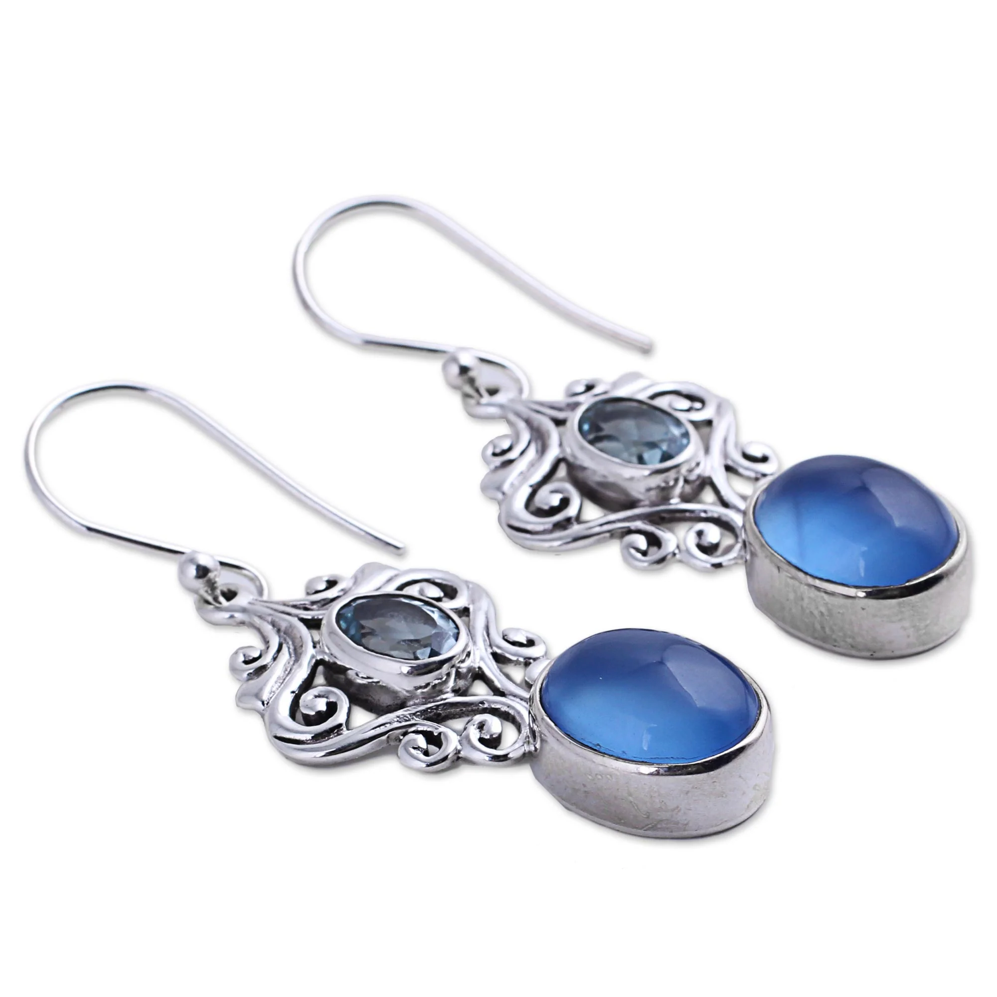 Harmonious Blue Handcrafted Blue Chalcedony and Topaz Dangle Earrings - Image 3