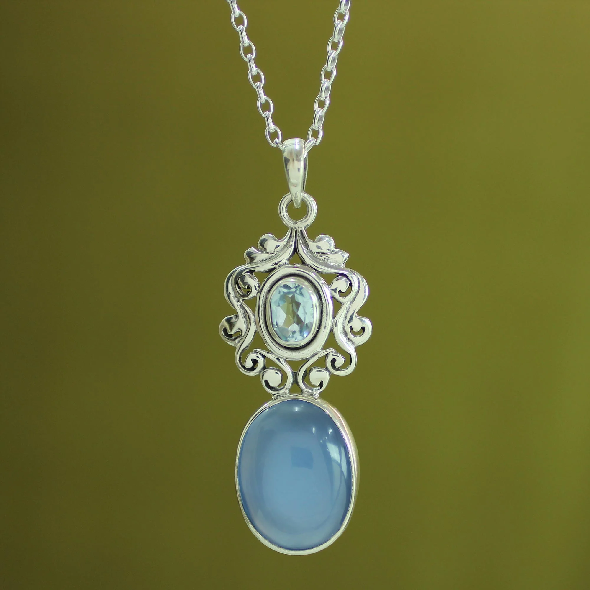 Harmonious Blue Handcrafted Blue Chalcedony and Topaz Pendant Necklace - Image 3