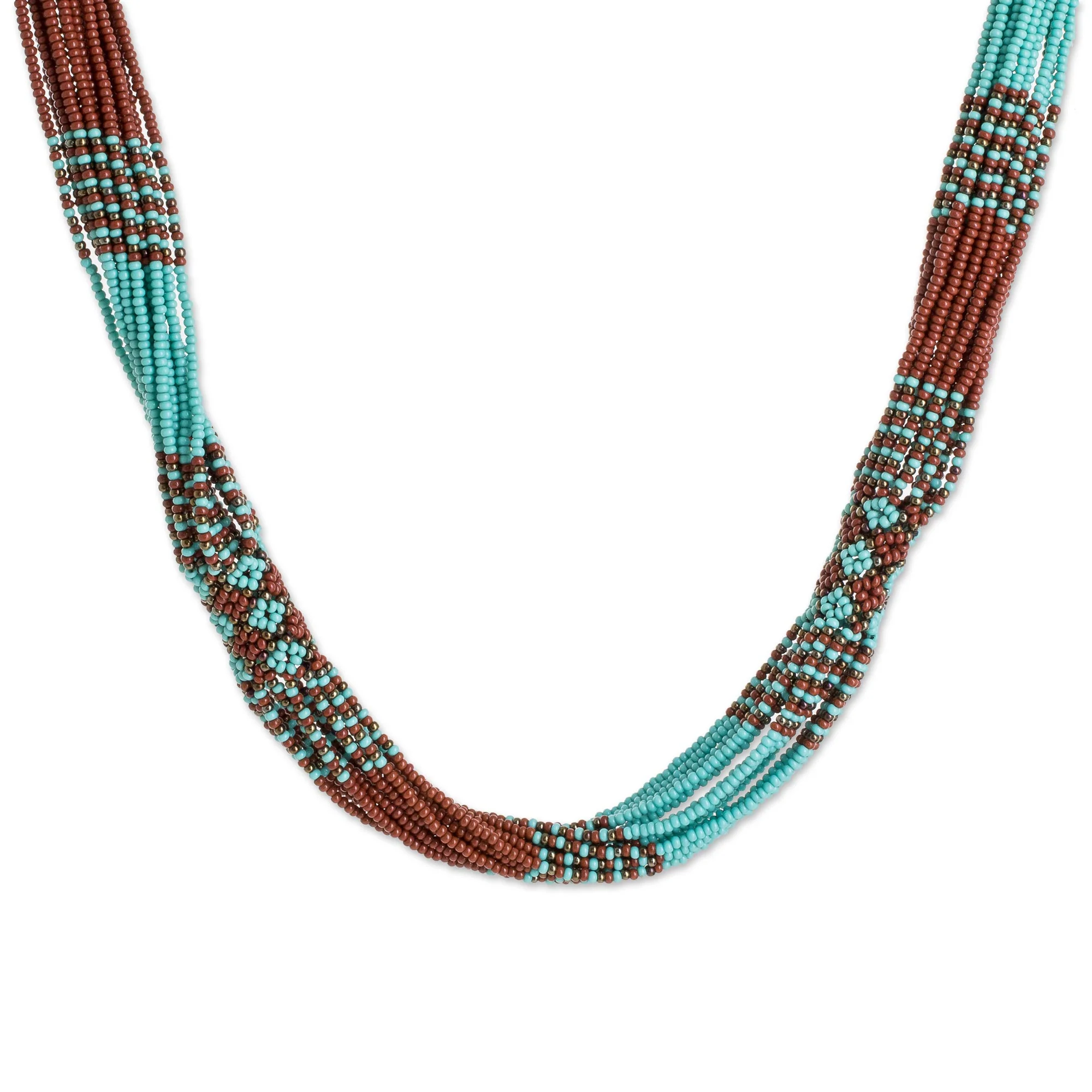 Harmonious Elegance in Brown Brown and Turquoise Blue Glass Beaded Strand Necklace - Image 2