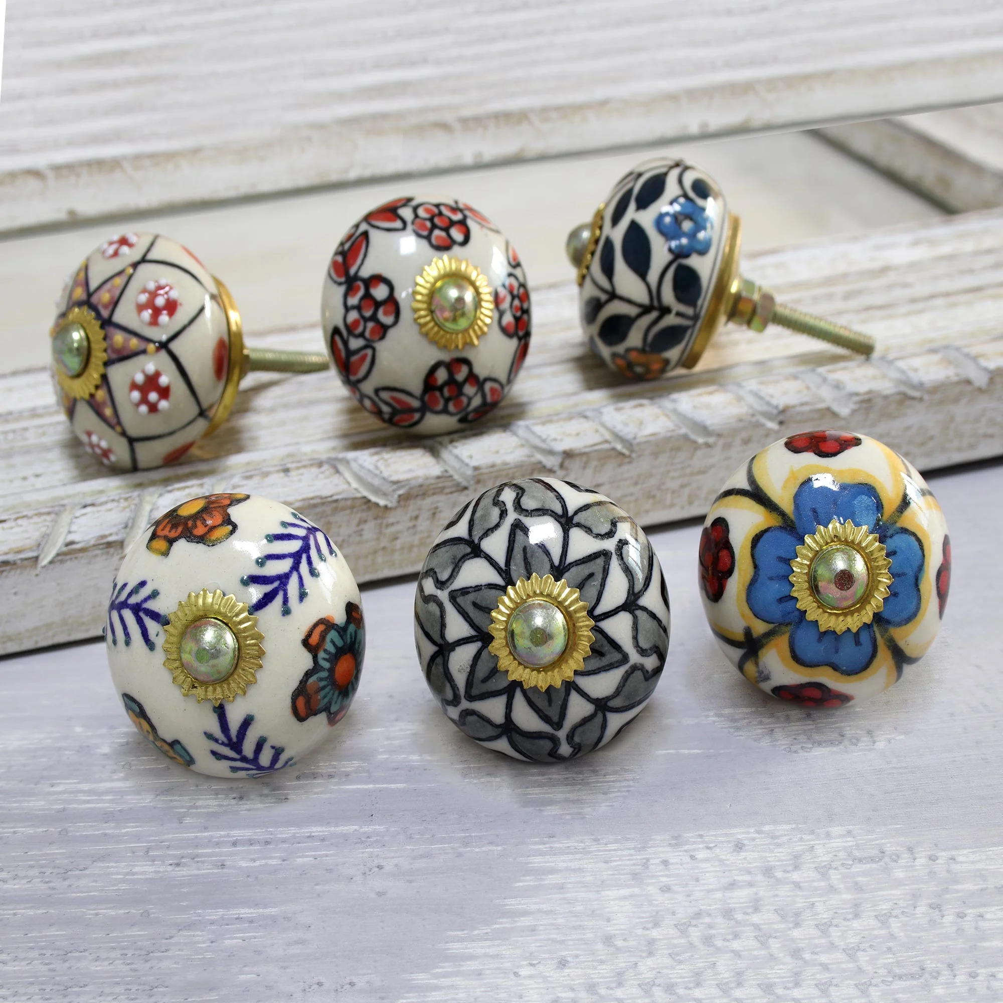 Harmonious Flowers Colorful Floral Ceramic Knobs from India (Set of 6) - Image 3