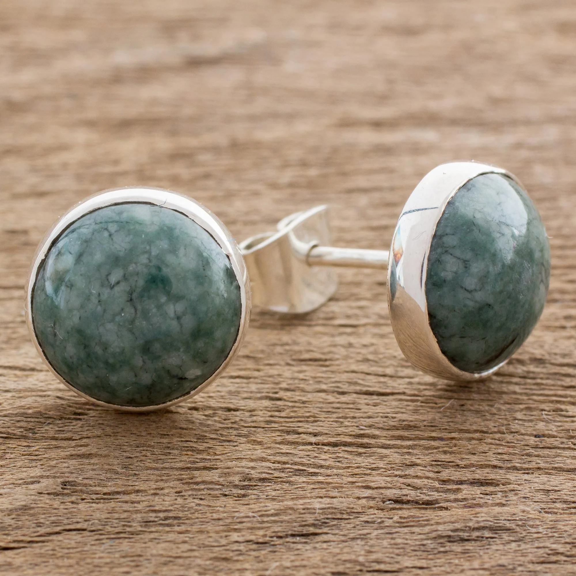 Harmonious Peace Jade & Silver Round Stud Earrings - Image 3