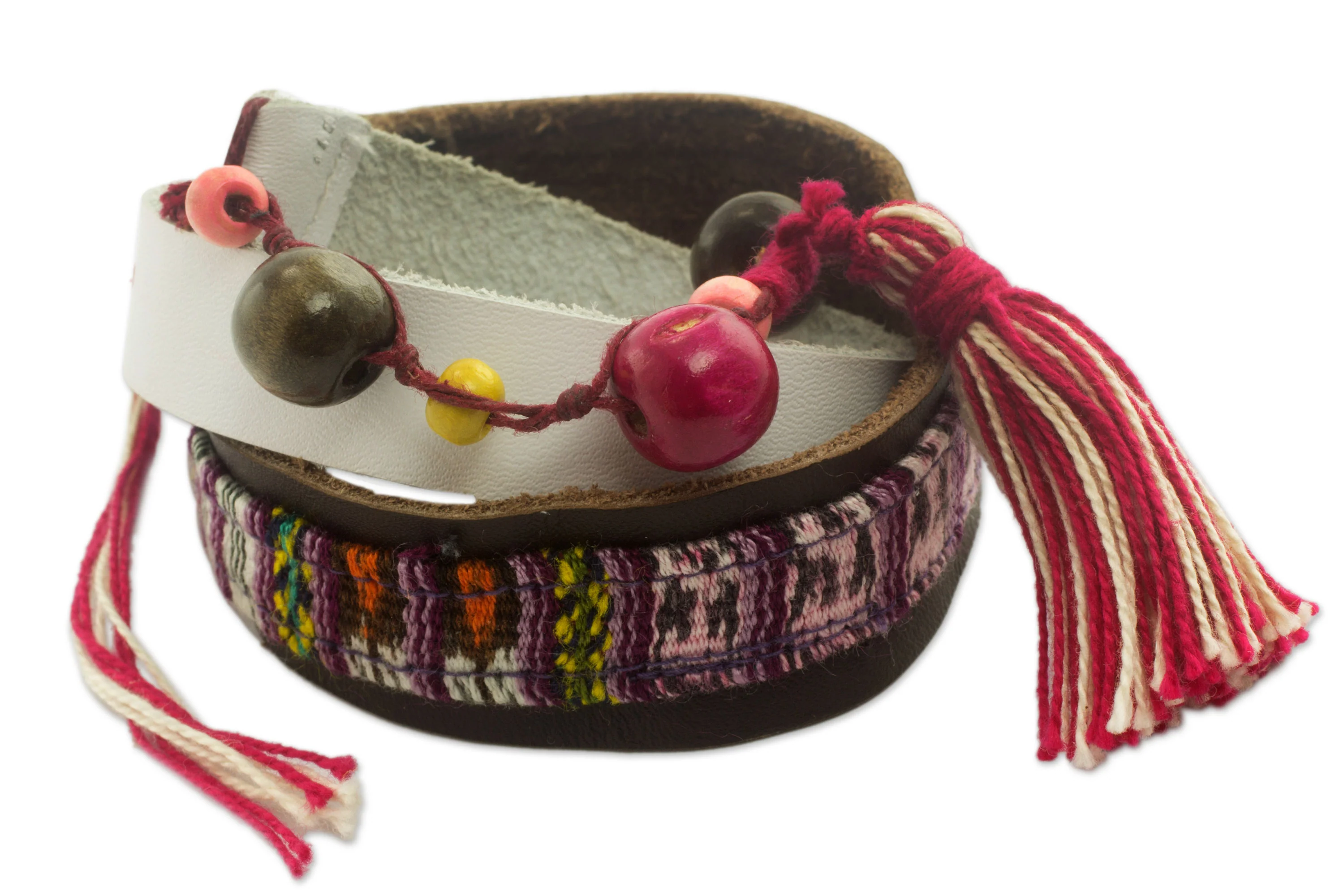 Harmony and Peace Leather and Cotton Wrap Bracelet - Image 2