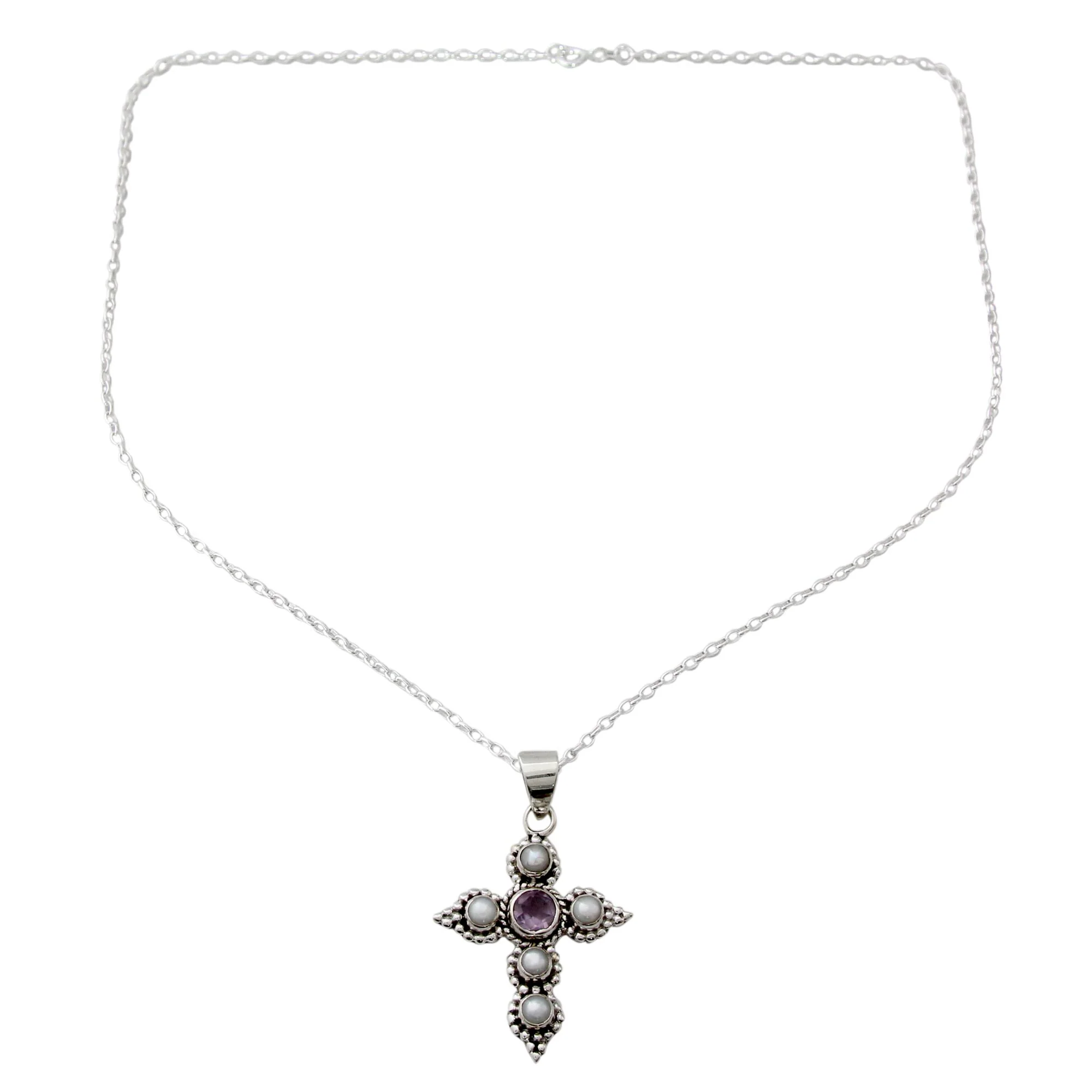 Harmony in White Cultured Pearl and Amethyst Necklace with Cross Pendant - Image 2