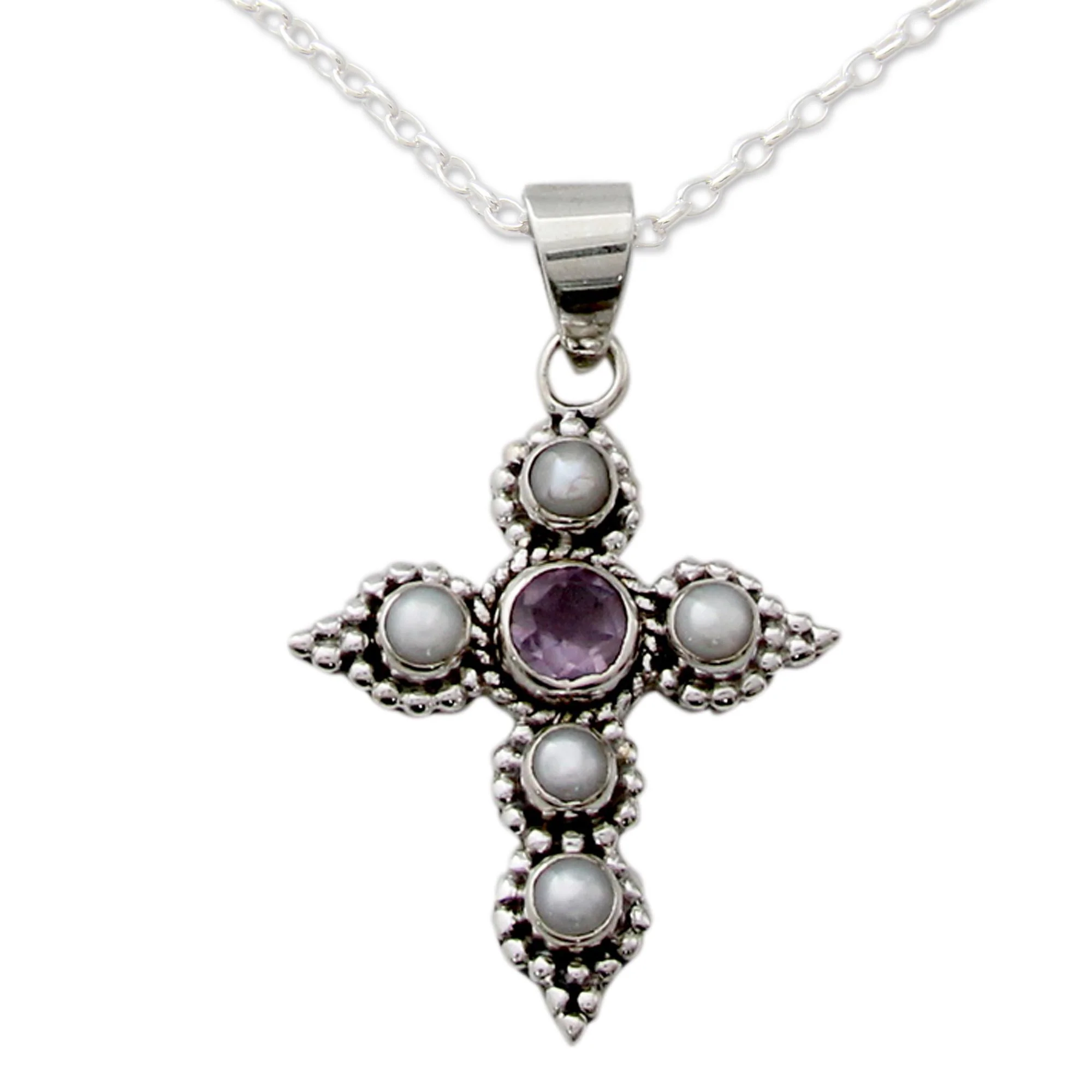 Harmony in White Cultured Pearl and Amethyst Necklace with Cross Pendant - Image 3