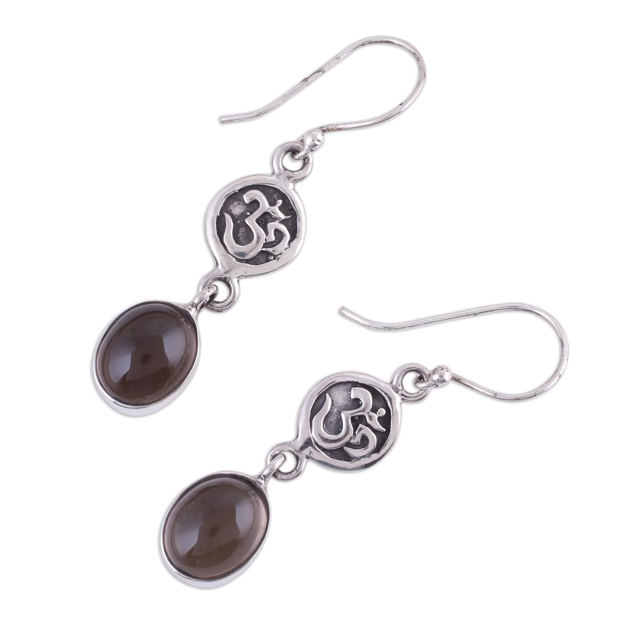 Healing Om Om Symbol Earrings with Smoky Quartz Cabochons - Image 2