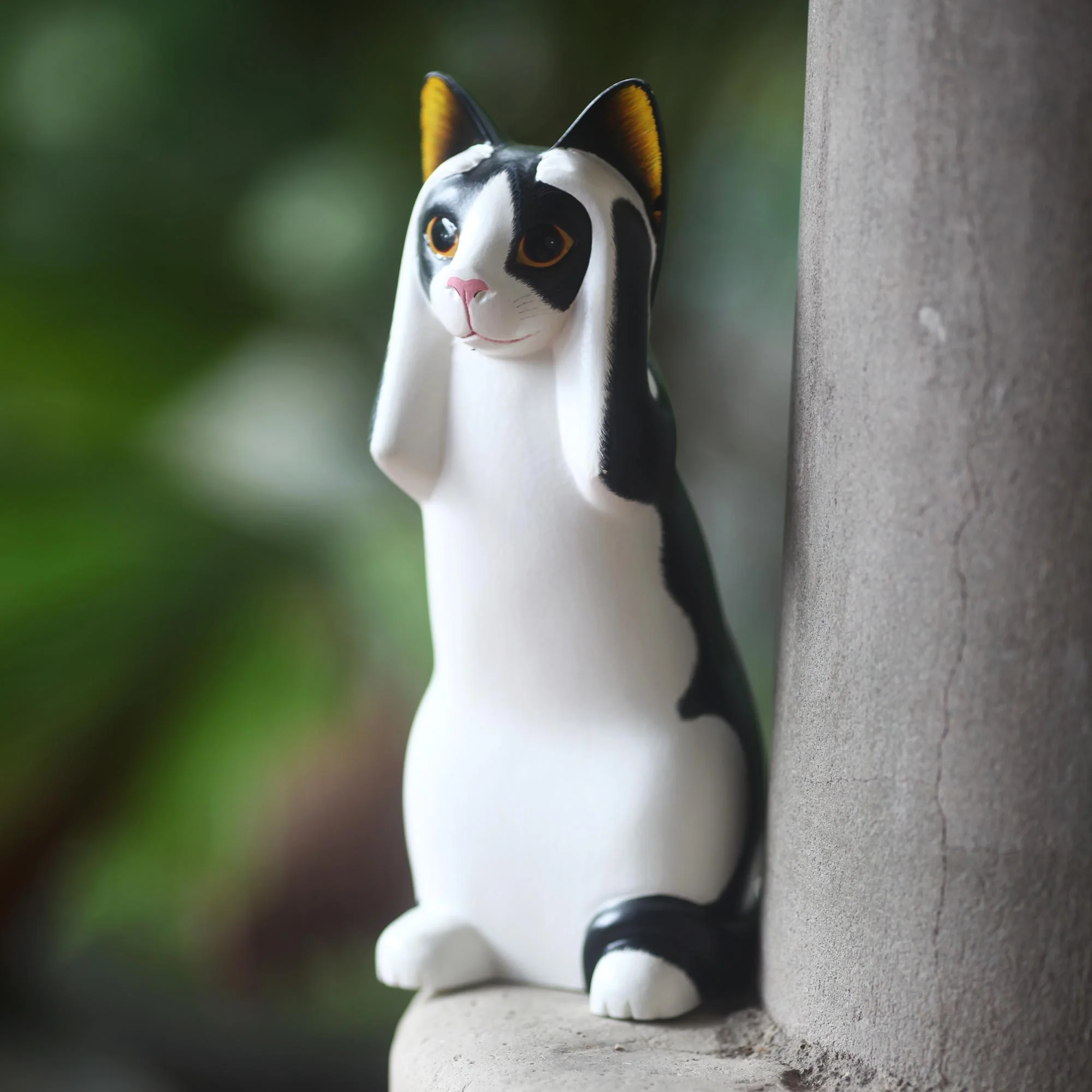 Hear No Evil Spotted Cat Albesia Wood Sculpture - Image 3