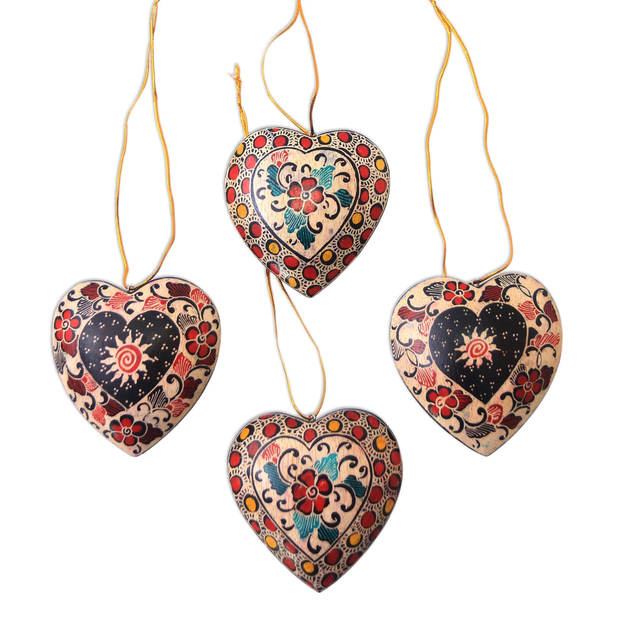 Heart Flowers Floral Batik Wood Heart Ornaments from Java (Set of 4) - Image 2