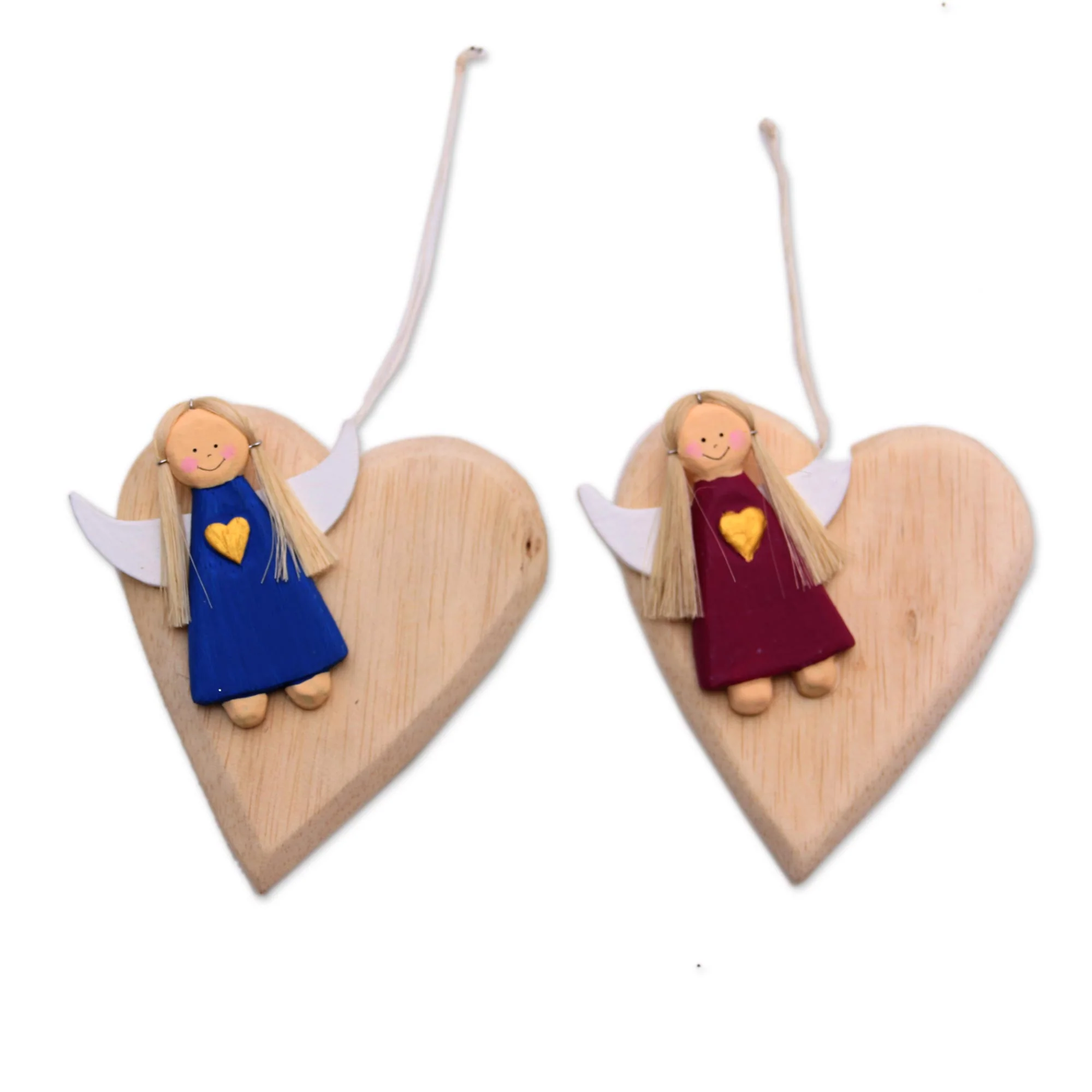 Heart of Angels Heart-Shaped Albesia Wood Angel Ornaments from Bali (Pair) - Image 2