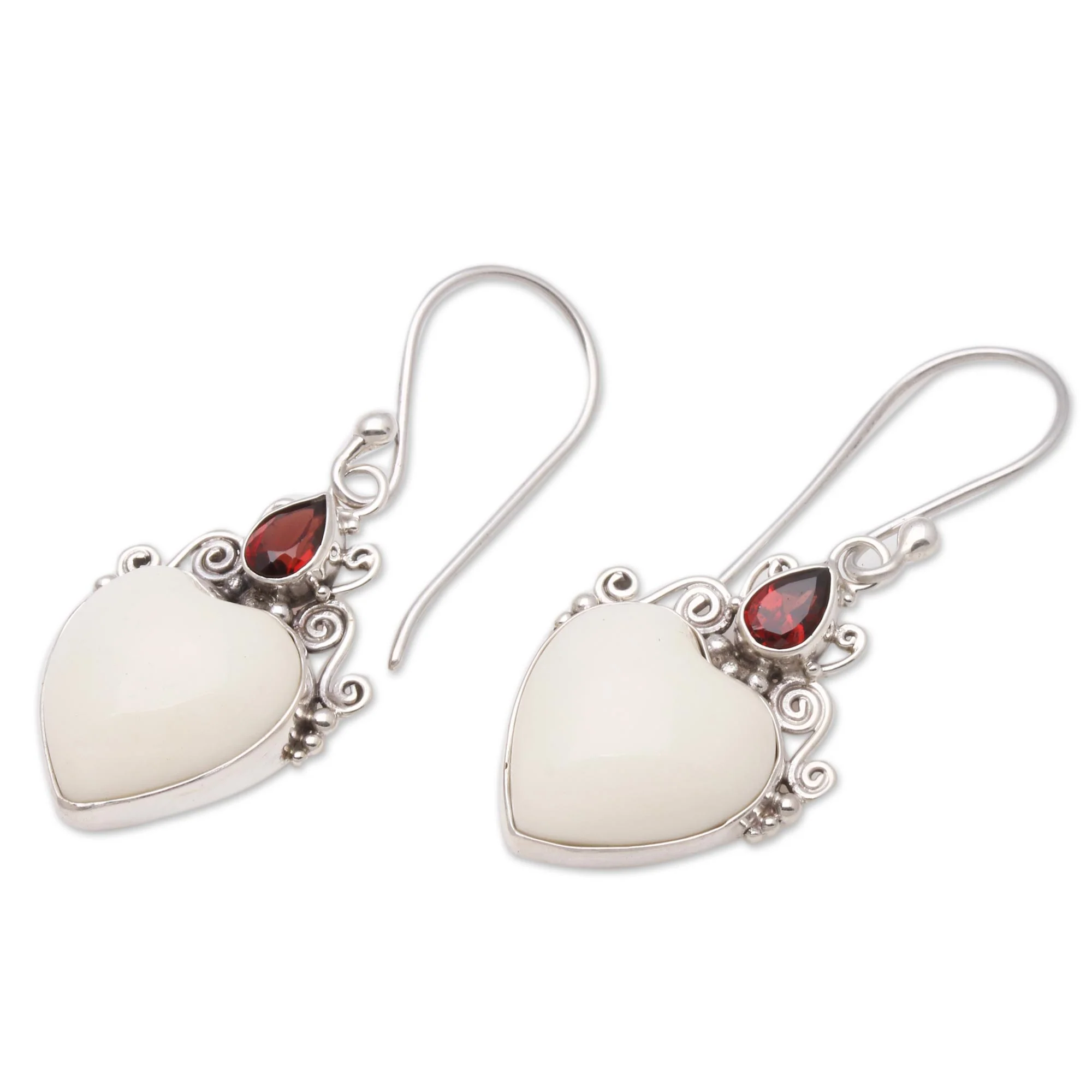 Heart Passion Heart-Shaped Garnet and Bone Dangle Earrings from Bali - Image 3