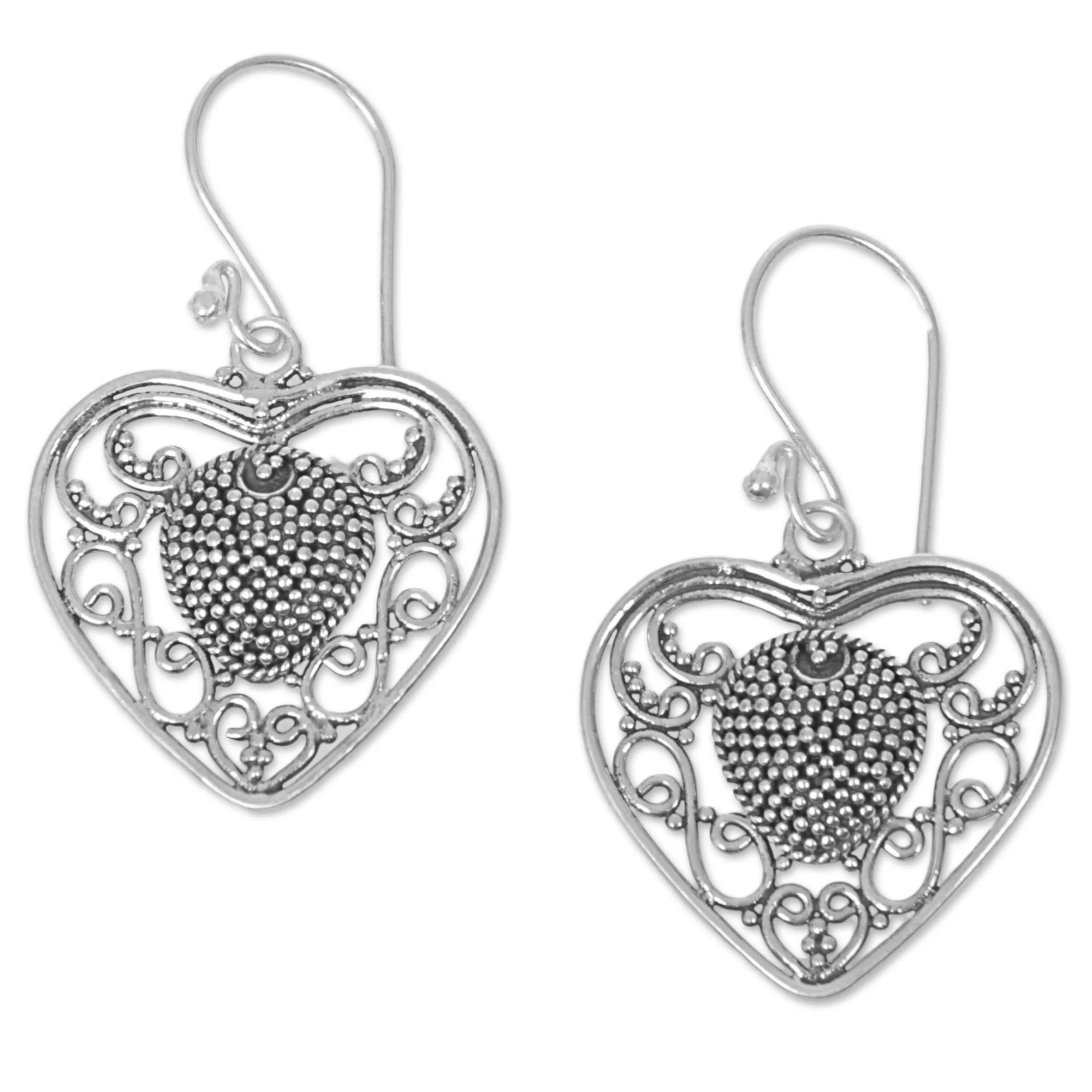Heart-Shaped Offering Sterling Silver Heart Dangle Earrings from Indonesia - Image 2