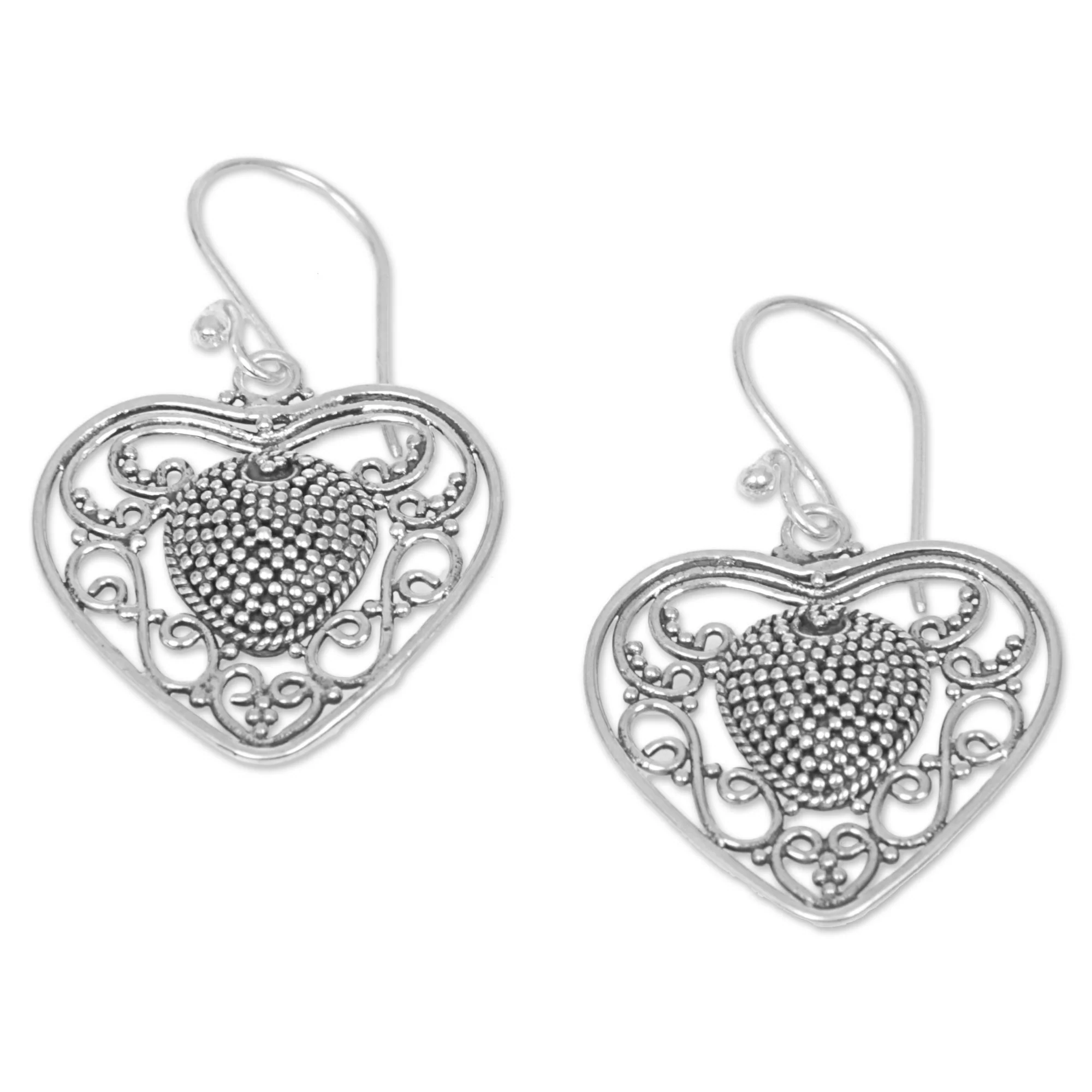 Heart-Shaped Offering Sterling Silver Heart Dangle Earrings from Indonesia - Image 3