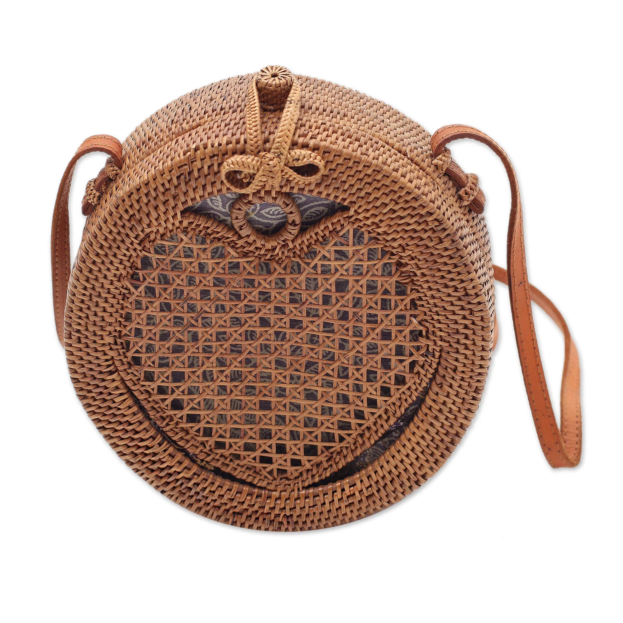 Heart's Delight in Brown Round Woven Bamboo Shoulder Bag with Heart Motif - Image 2