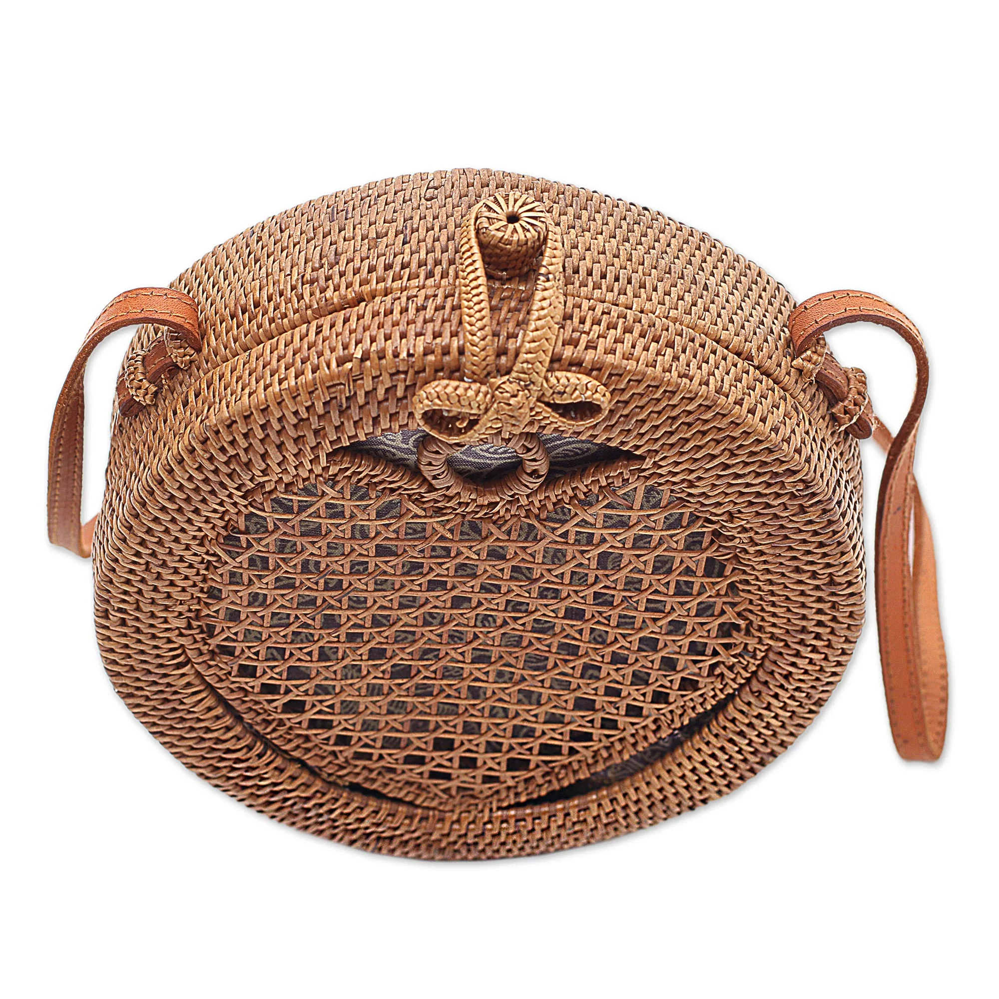 Heart's Delight in Brown Round Woven Bamboo Shoulder Bag with Heart Motif - Image 3