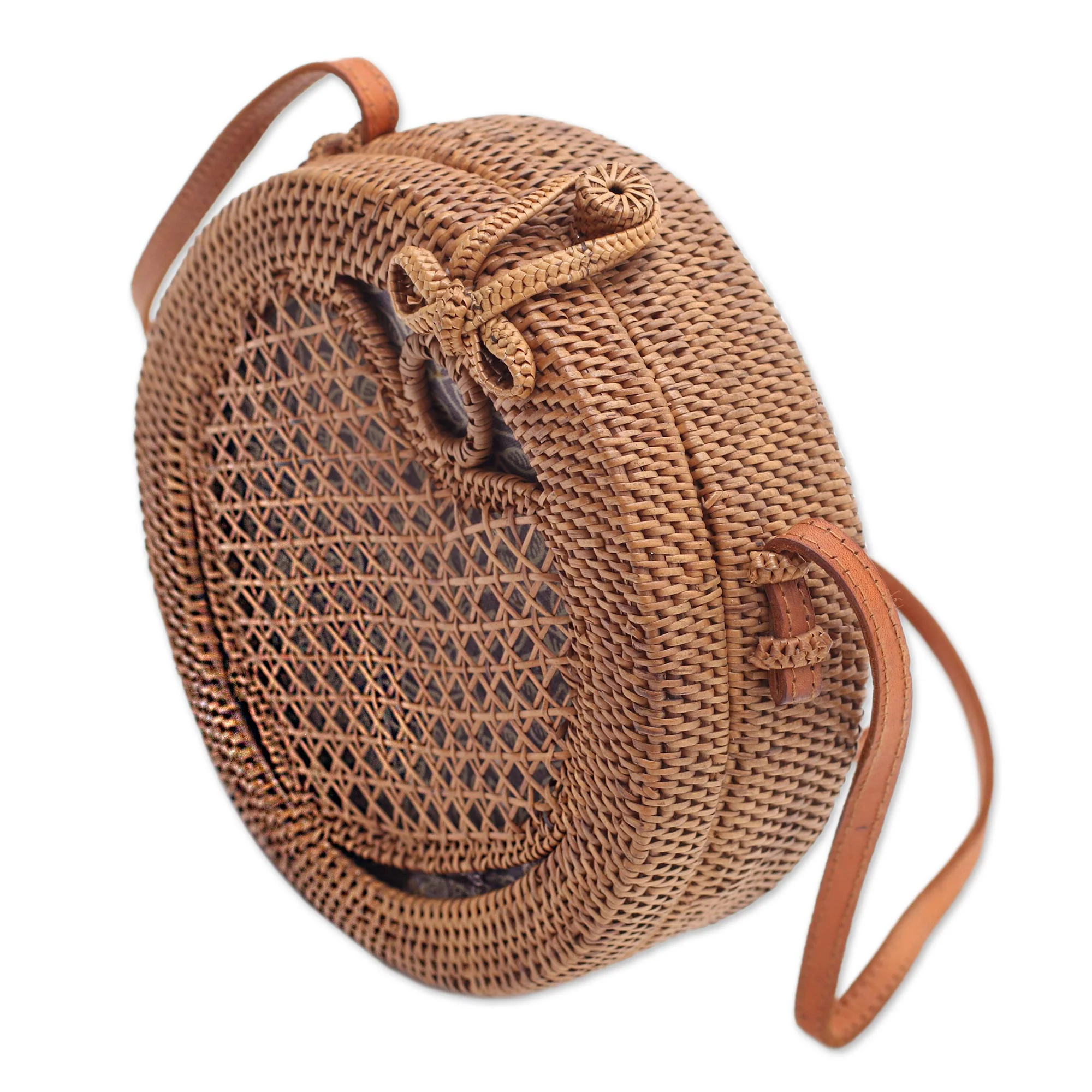 Heart's Delight in Brown Round Woven Bamboo Shoulder Bag with Heart Motif - Image 4