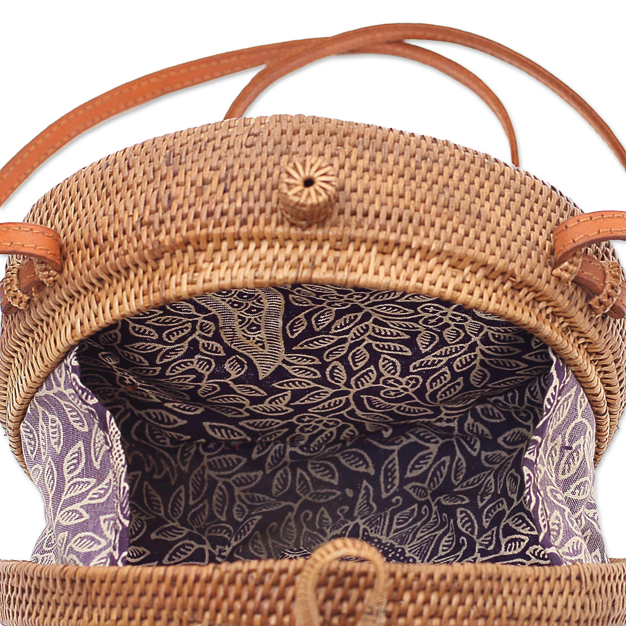 Heart's Delight in Brown Round Woven Bamboo Shoulder Bag with Heart Motif - Image 5