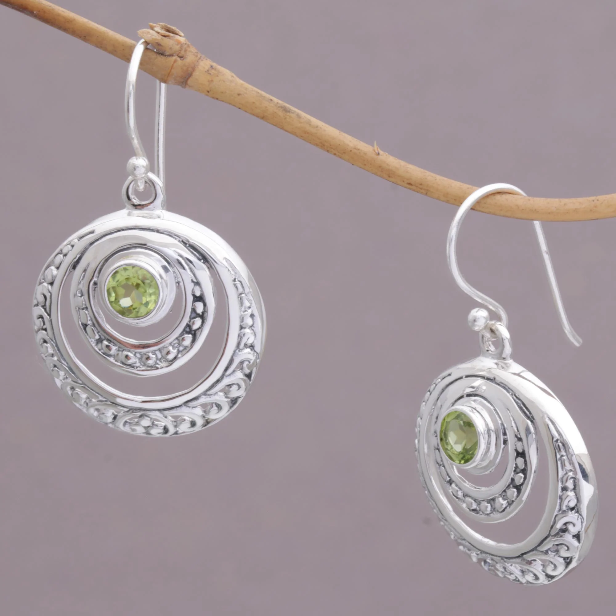Heavenly Gleam Peridot and Sterling Silver Crescent Earrings from Bali - Image 3