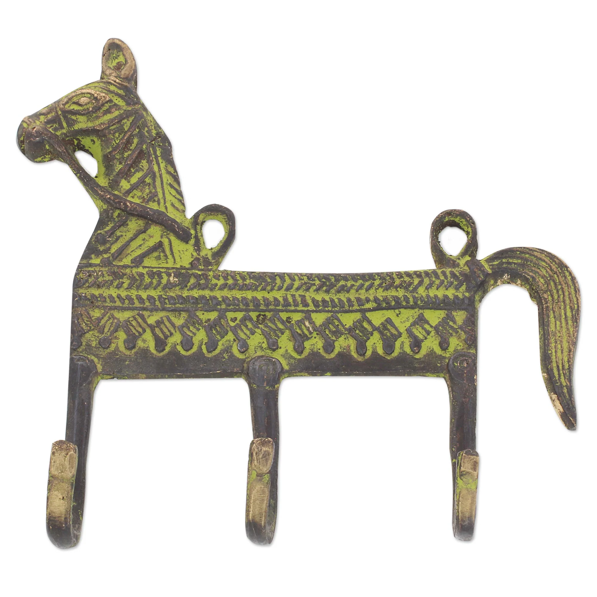 Helpful Horse Antiqued Brass Horse Theme 3.Hook Coat Rack from India - Image 2