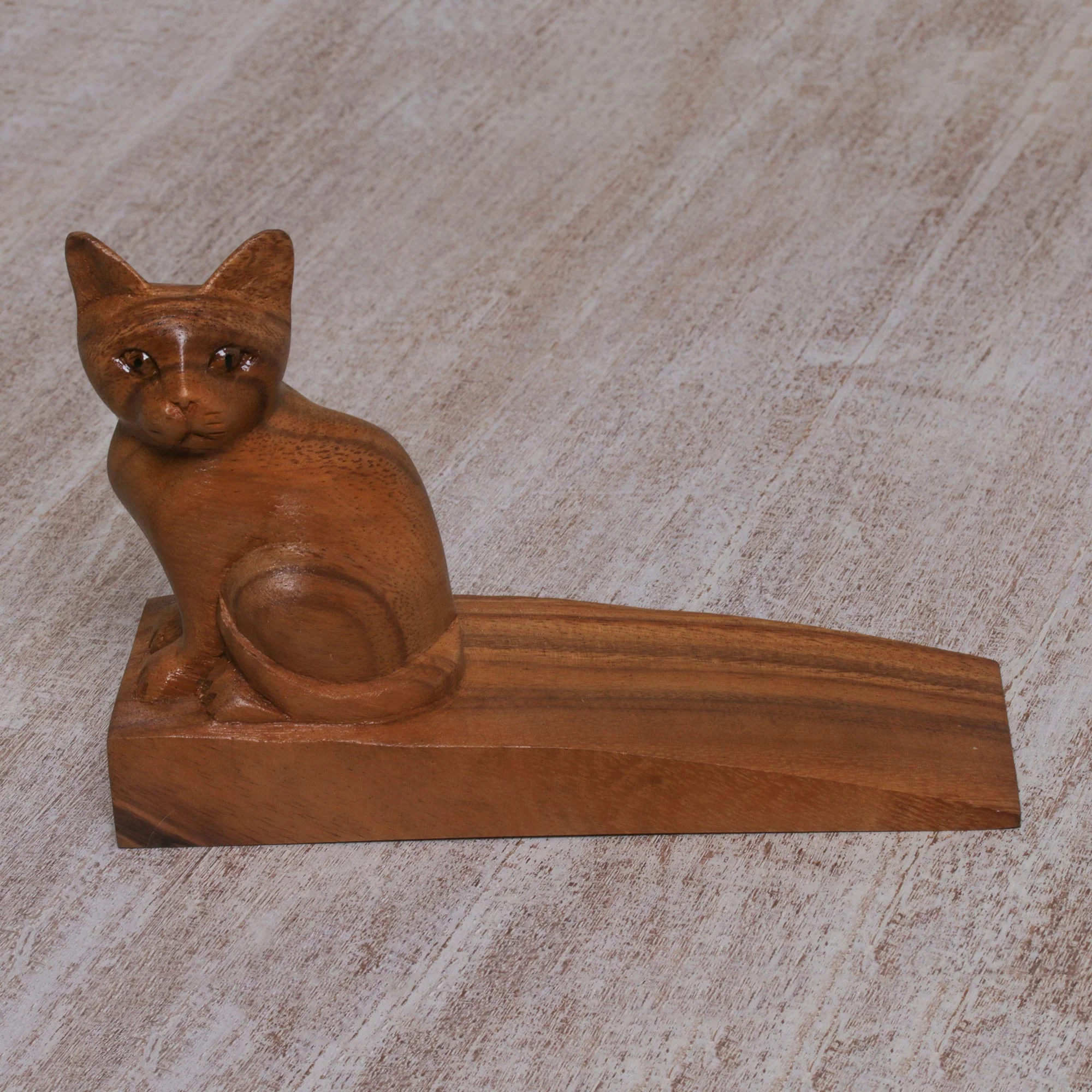 Helpful Kitten in Brown Handcrafted Suar Wood Cat Doorstop in Brown from Bali - Image 3