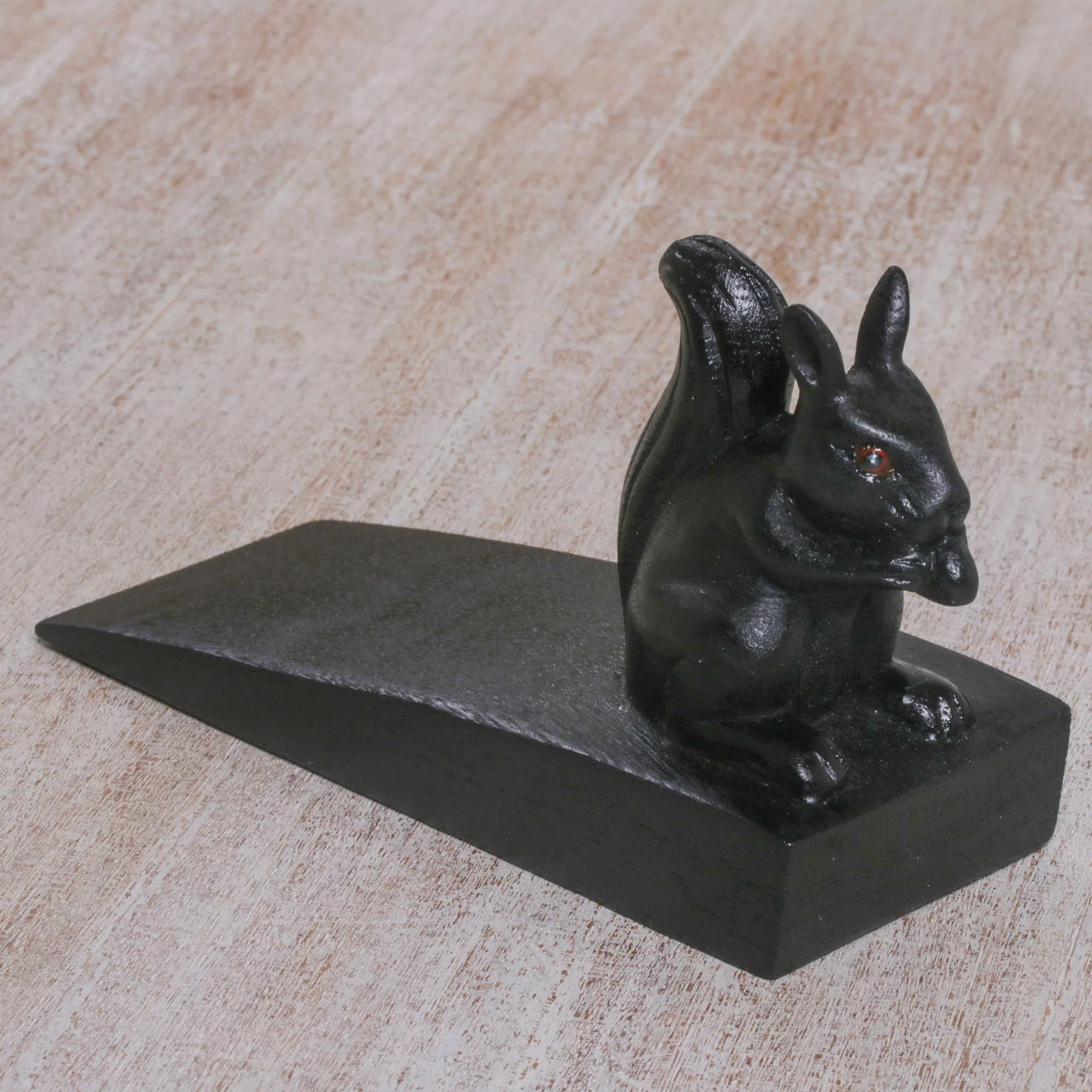 Helpful Squirrel in Black Handcrafted Wood Squirrel Doorstop in Black from Bali - Image 3