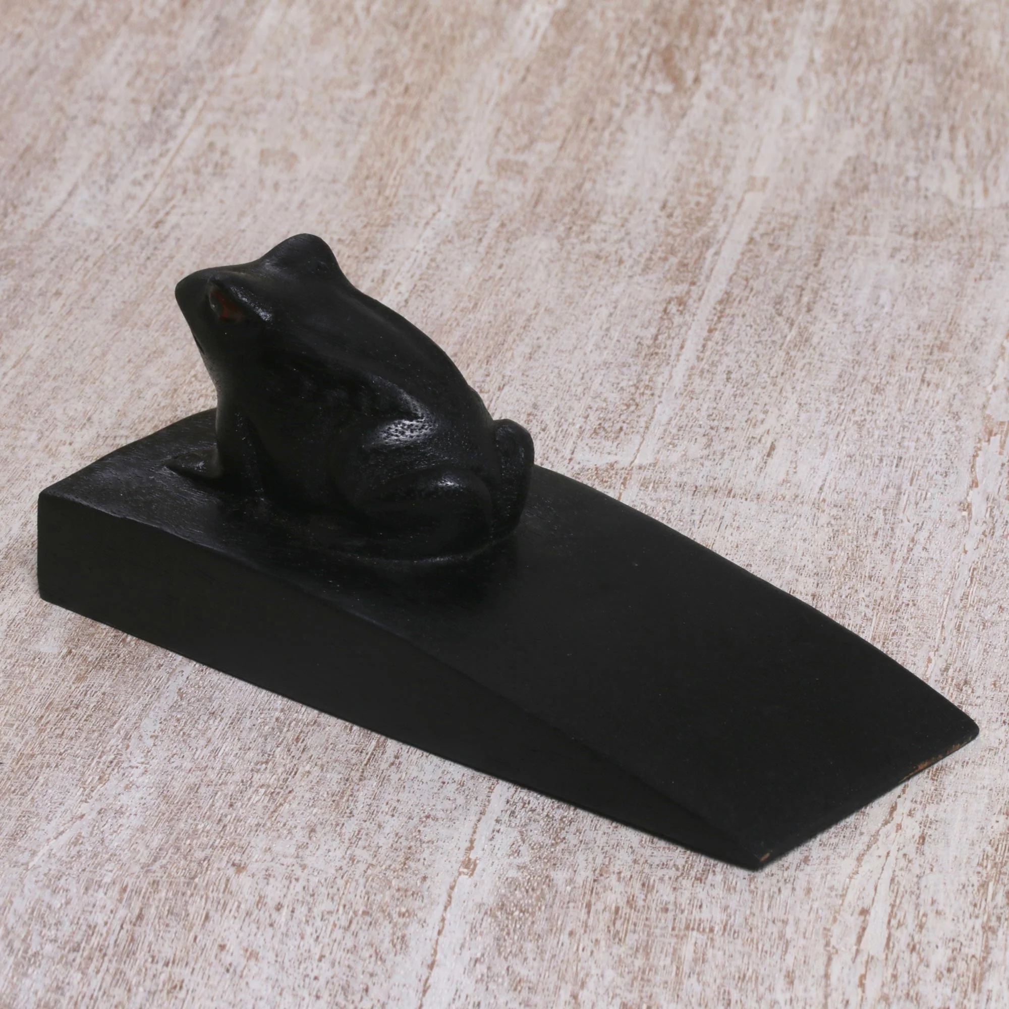 Helpful Toad in Black Handcrafted Suar Wood Toad Doorstop in Black from Bali - Image 4