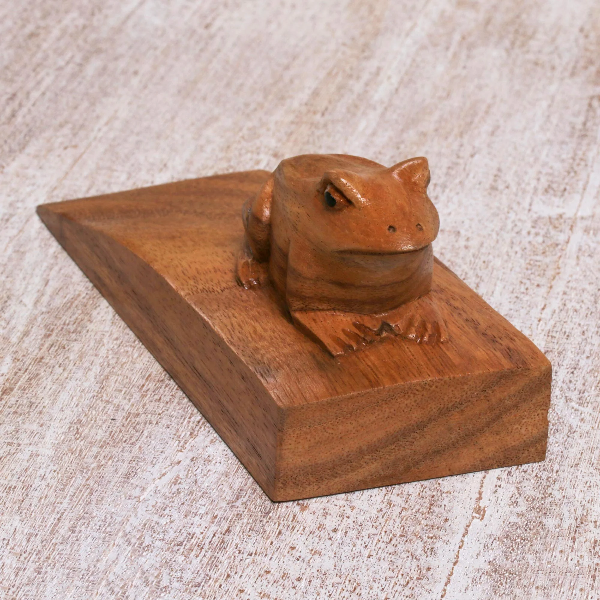 Helpful Toad in Brown Handcrafted Suar Wood Frog Doorstop in Brown from Bali - Image 4