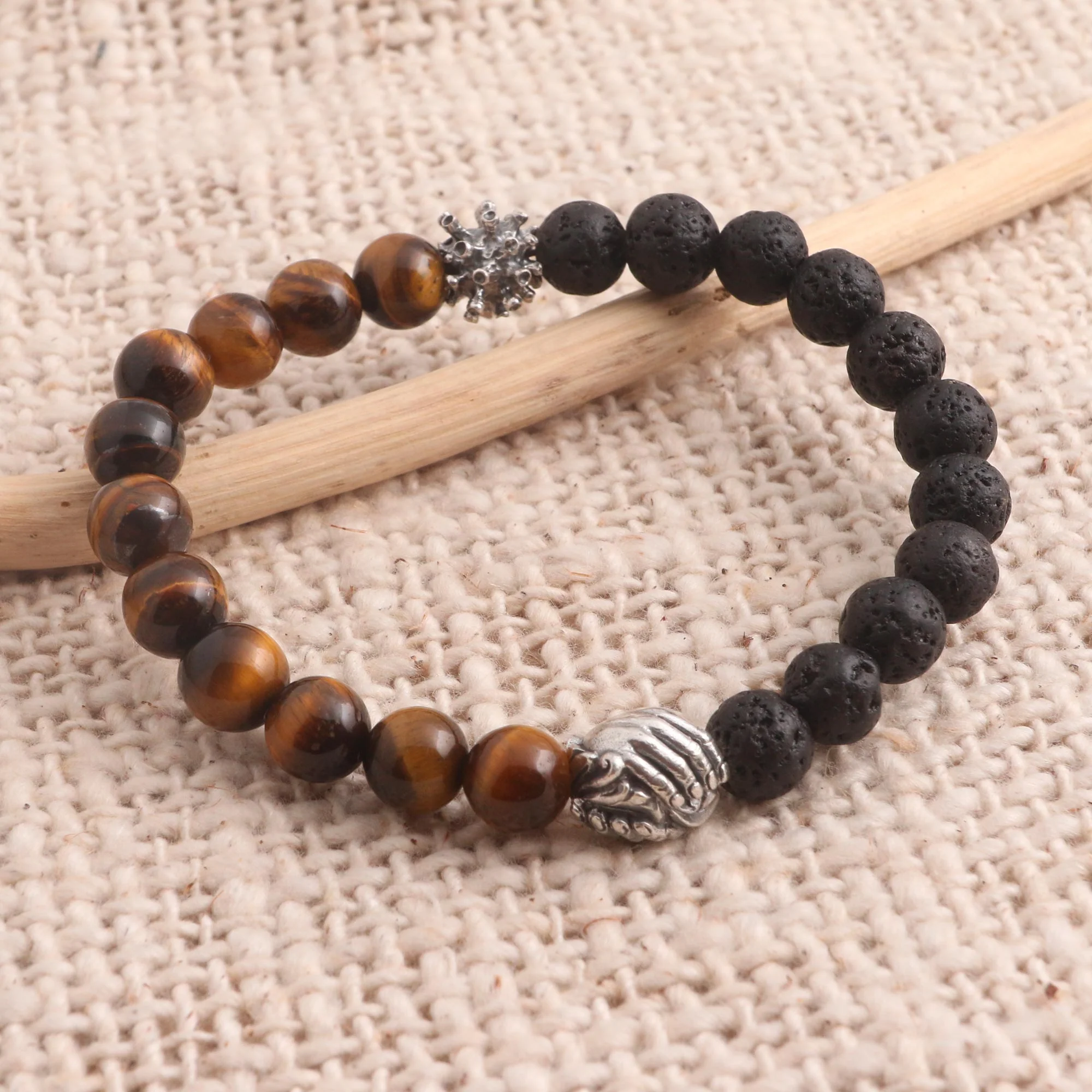 Helping Hands Together Bali Sterling Silver Tiger's Eye Lava Stone Unity Bracelet - Image 4