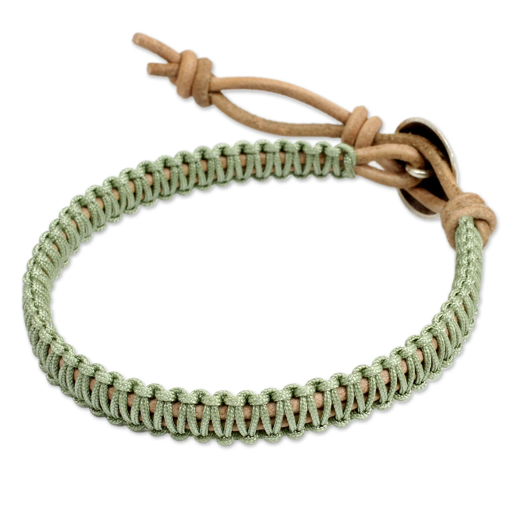 Hemlock Suns Silver Button and Pale Green Macrame on Leather Bracelet - Image 2