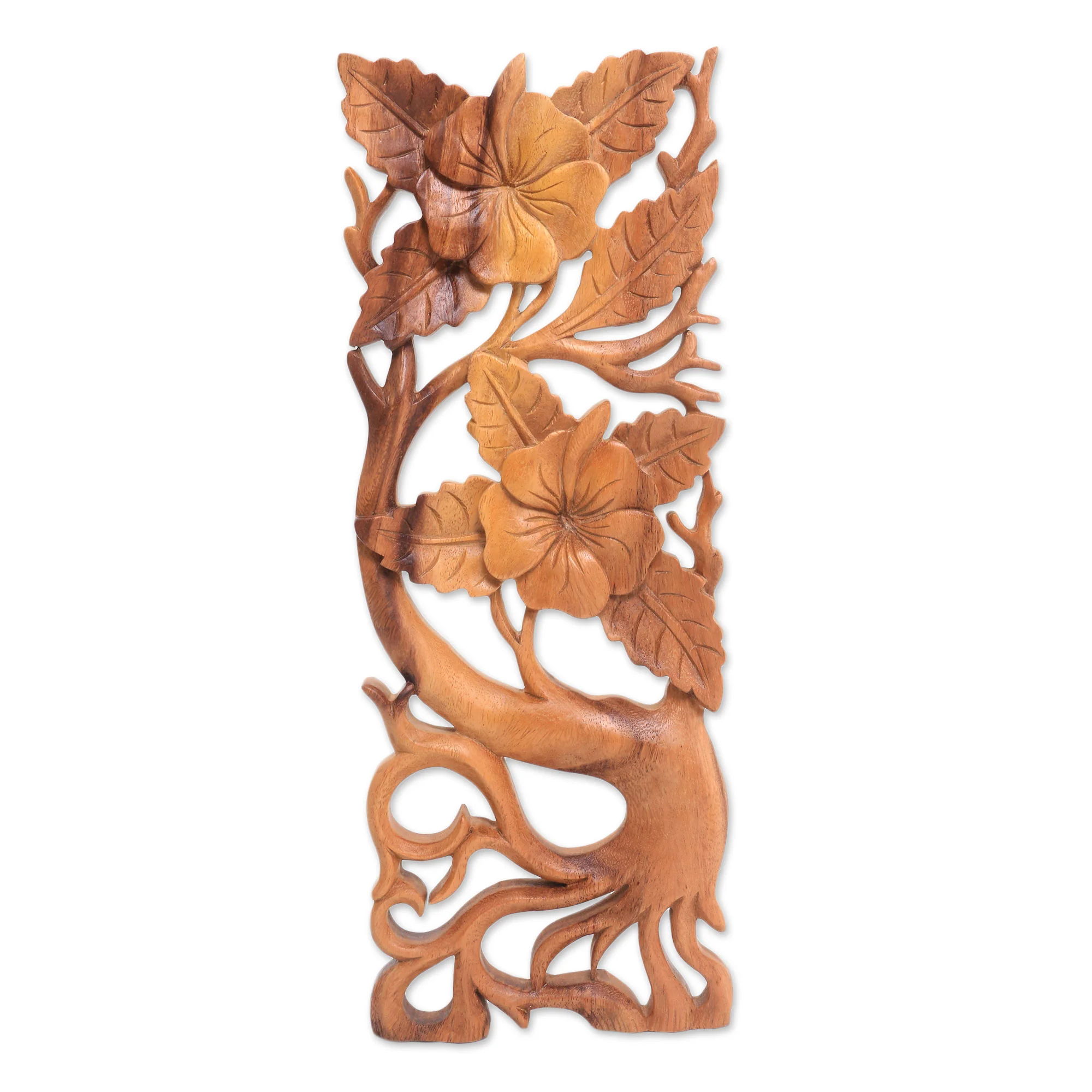 Hibiscus Branch Hand-Carved Rectangular Hibiscus Relief Panel for the Wall - Image 2