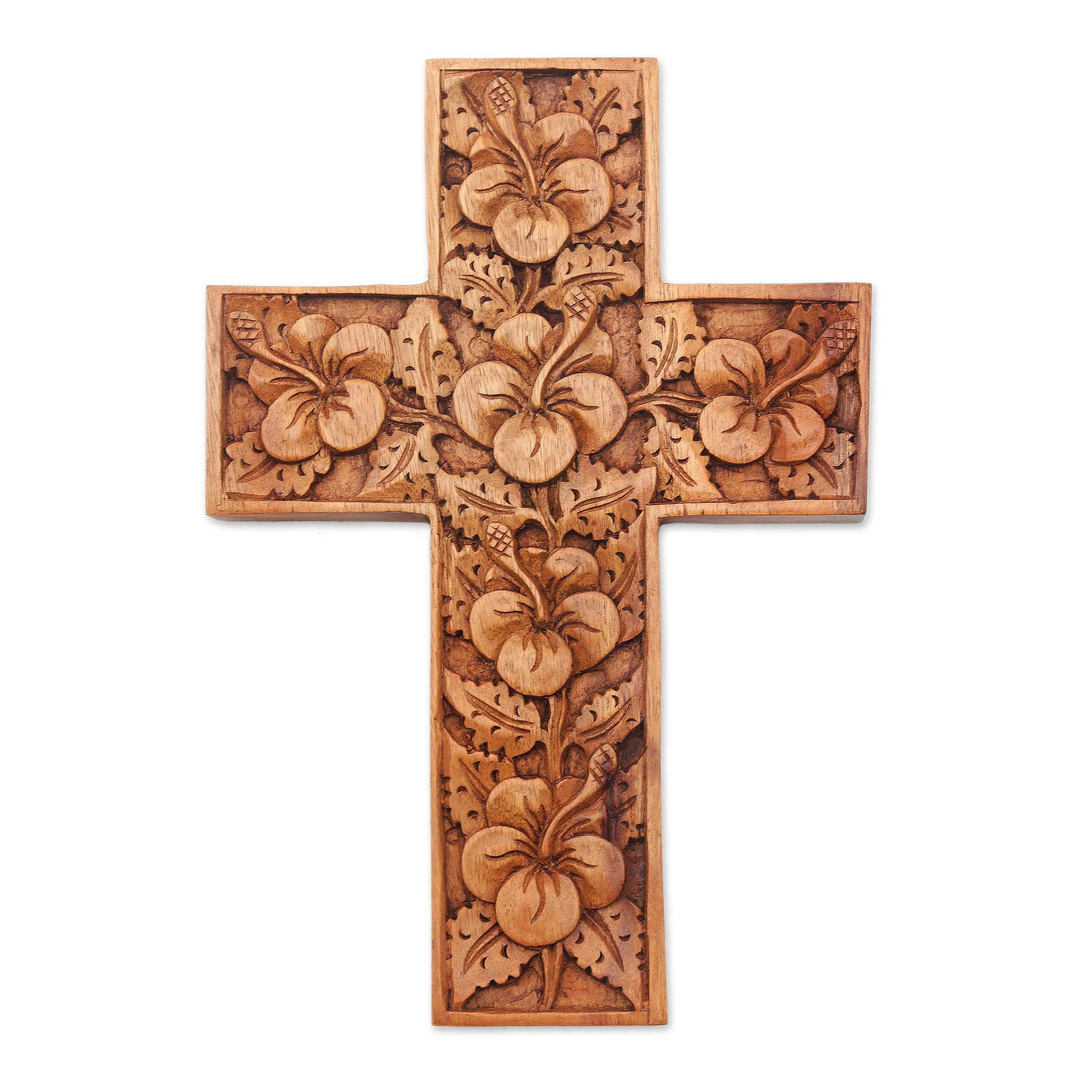 Hibiscus Wood Cross Sculpture with Hand Carved Hibiscus Flowers - Image 2