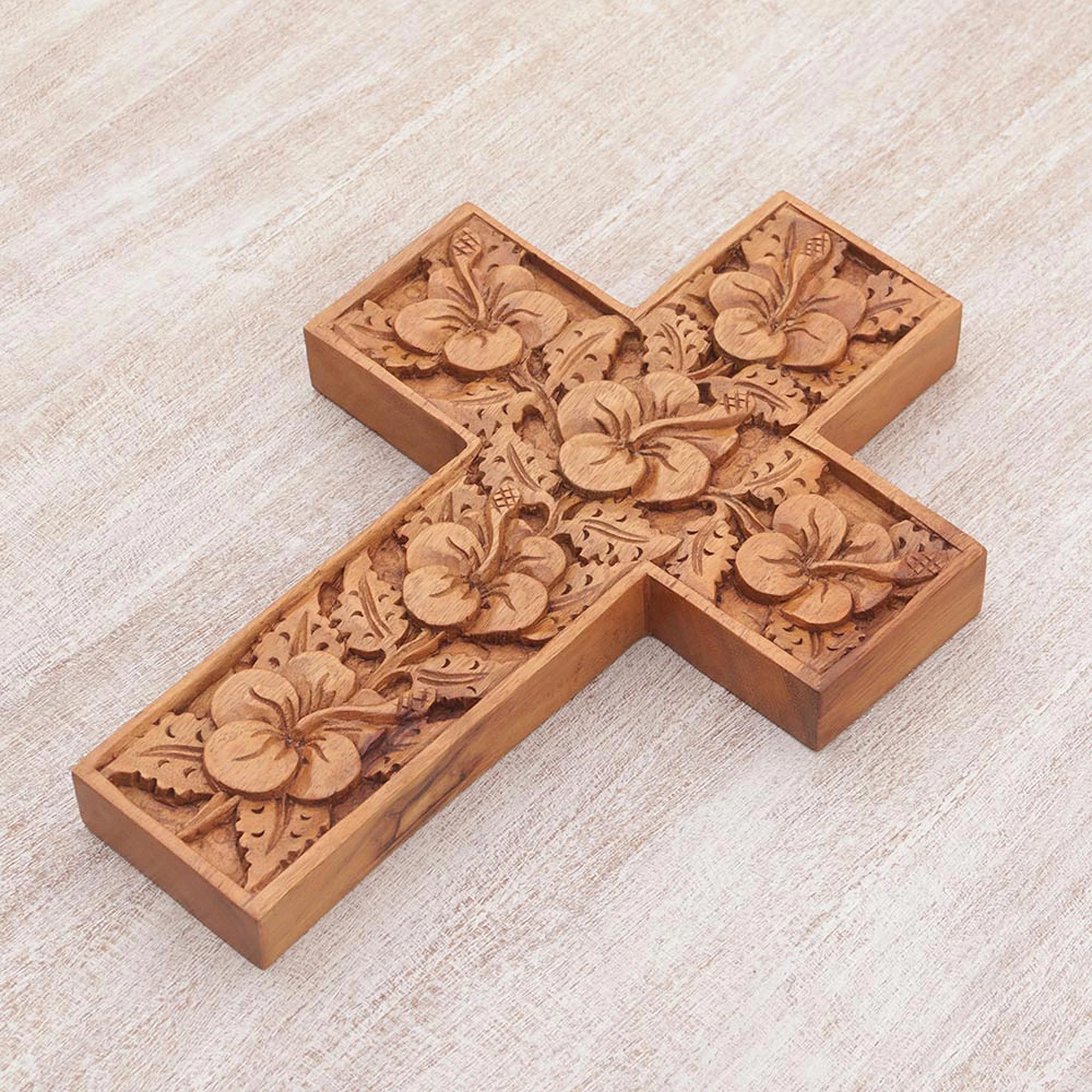 Hibiscus Wood Cross Sculpture with Hand Carved Hibiscus Flowers - Image 4