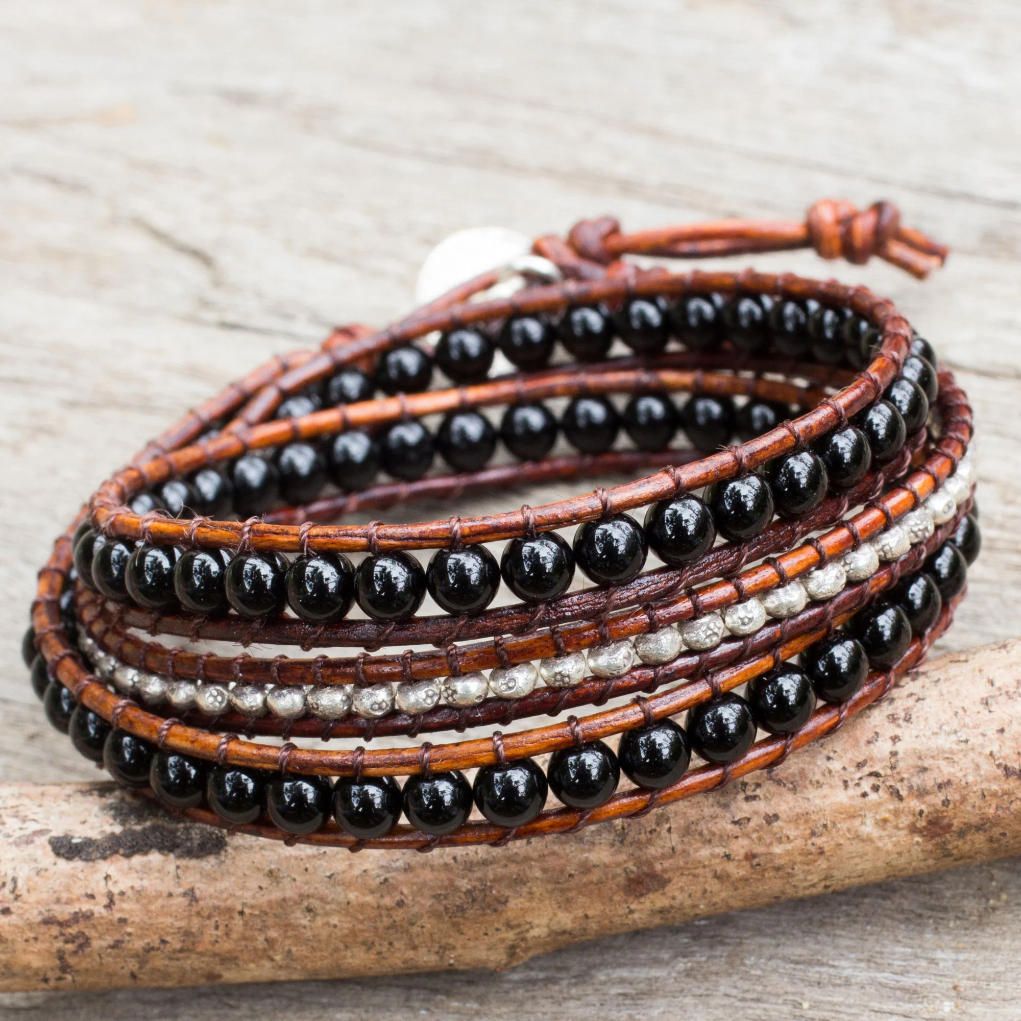 Hill Tribe Boheme Onyx Beads on Brown Leather Wrap Bracelet from Thailand - Image 3