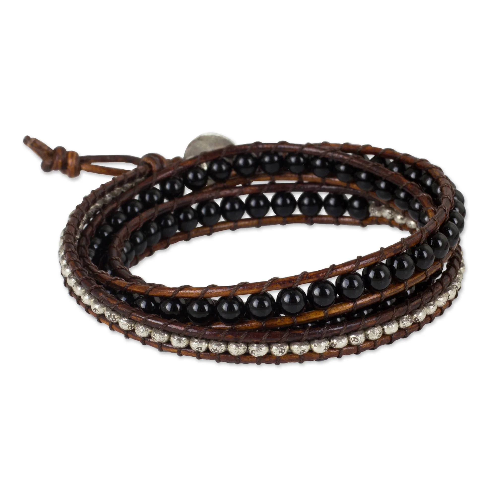 Hill Tribe Boheme Onyx Beads on Brown Leather Wrap Bracelet from Thailand - Image 4
