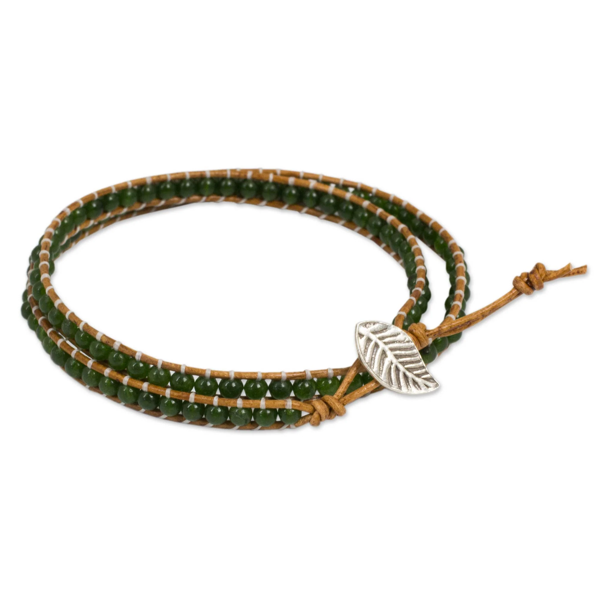 Hill Tribe Forest Handcrafted Thai Brown Leather Bracelet with Green Quartz - Image 2