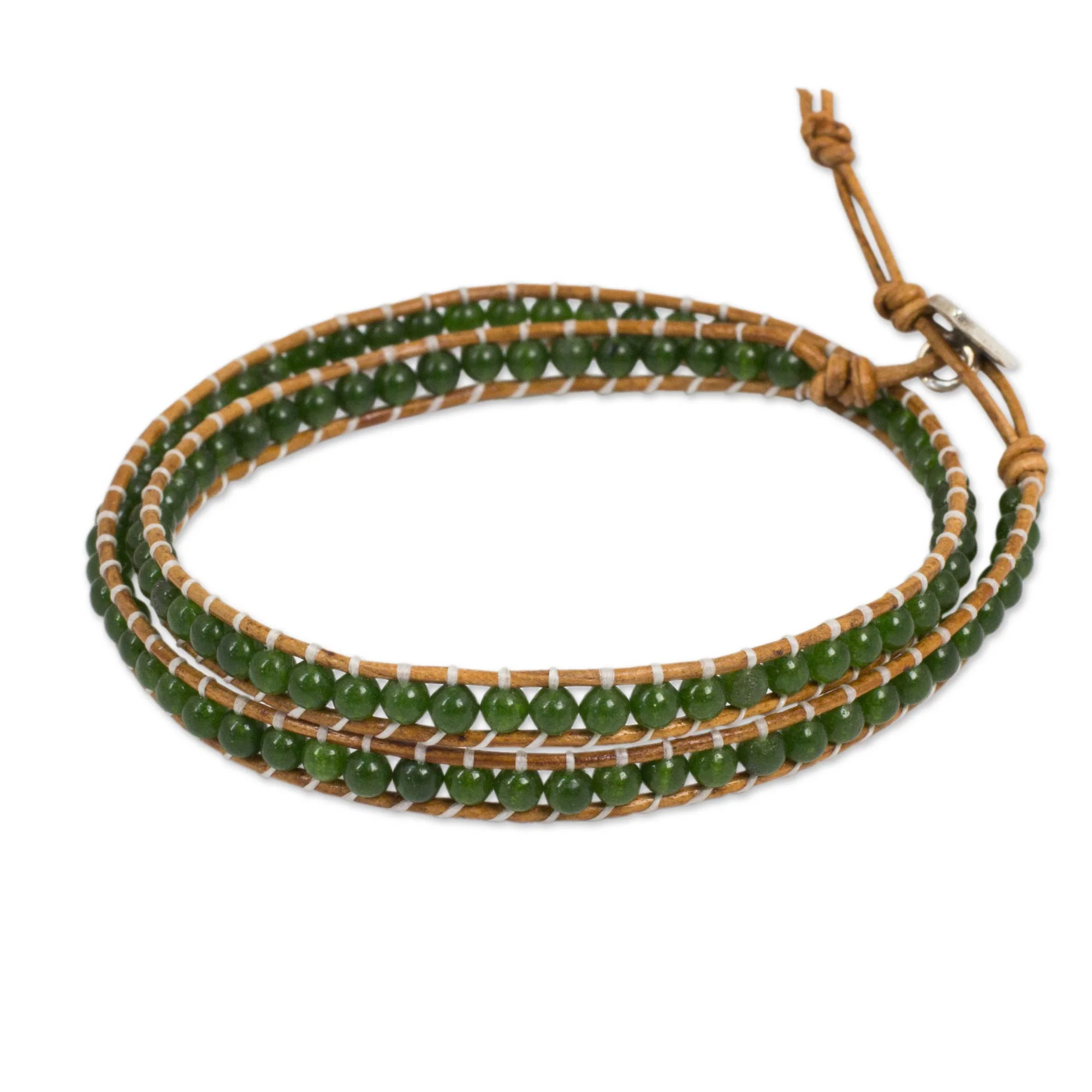Hill Tribe Forest Handcrafted Thai Brown Leather Bracelet with Green Quartz - Image 3