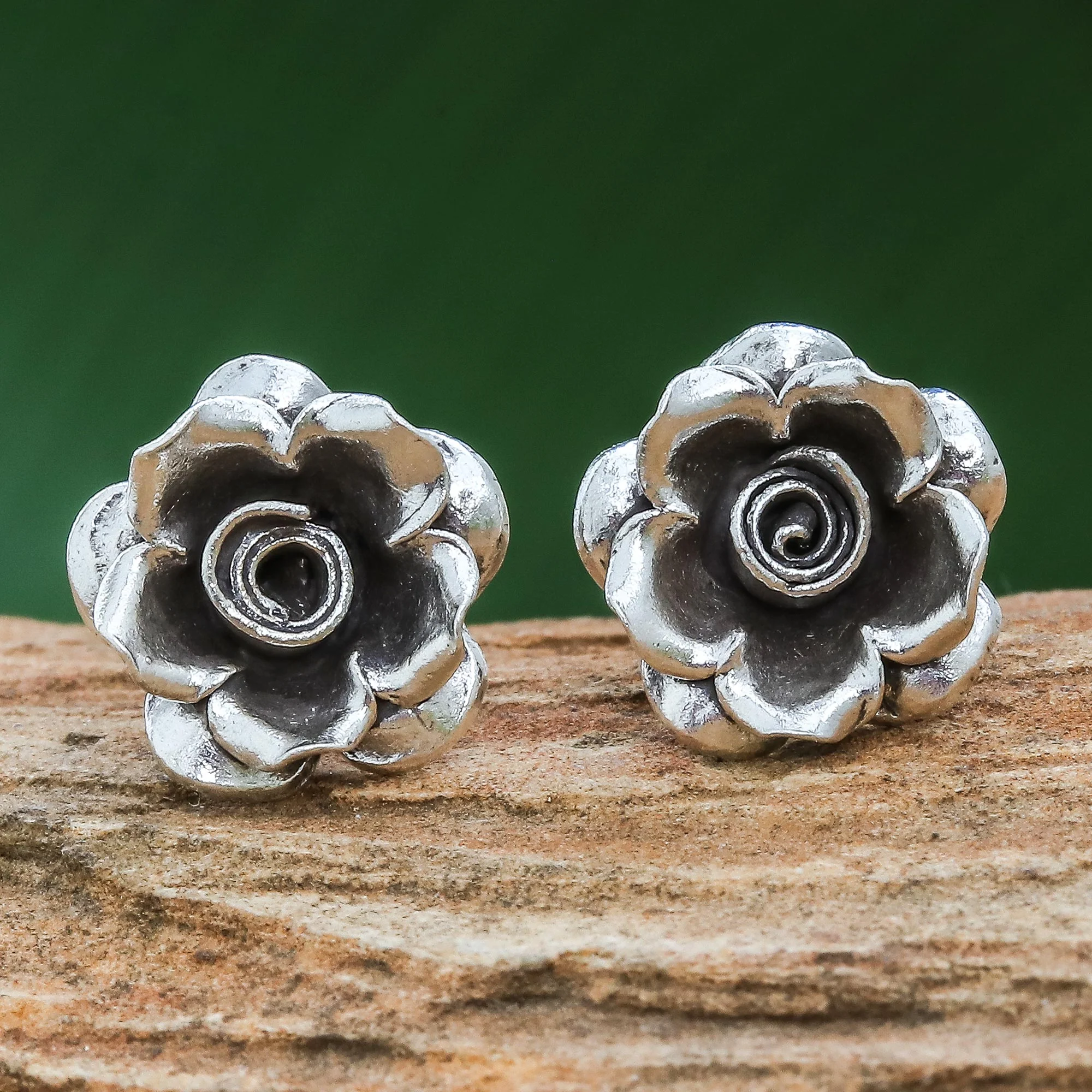 Hill Tribe Roses Thai Karen Hill Tribe Silver Flower Theme Button Earrings - Image 3