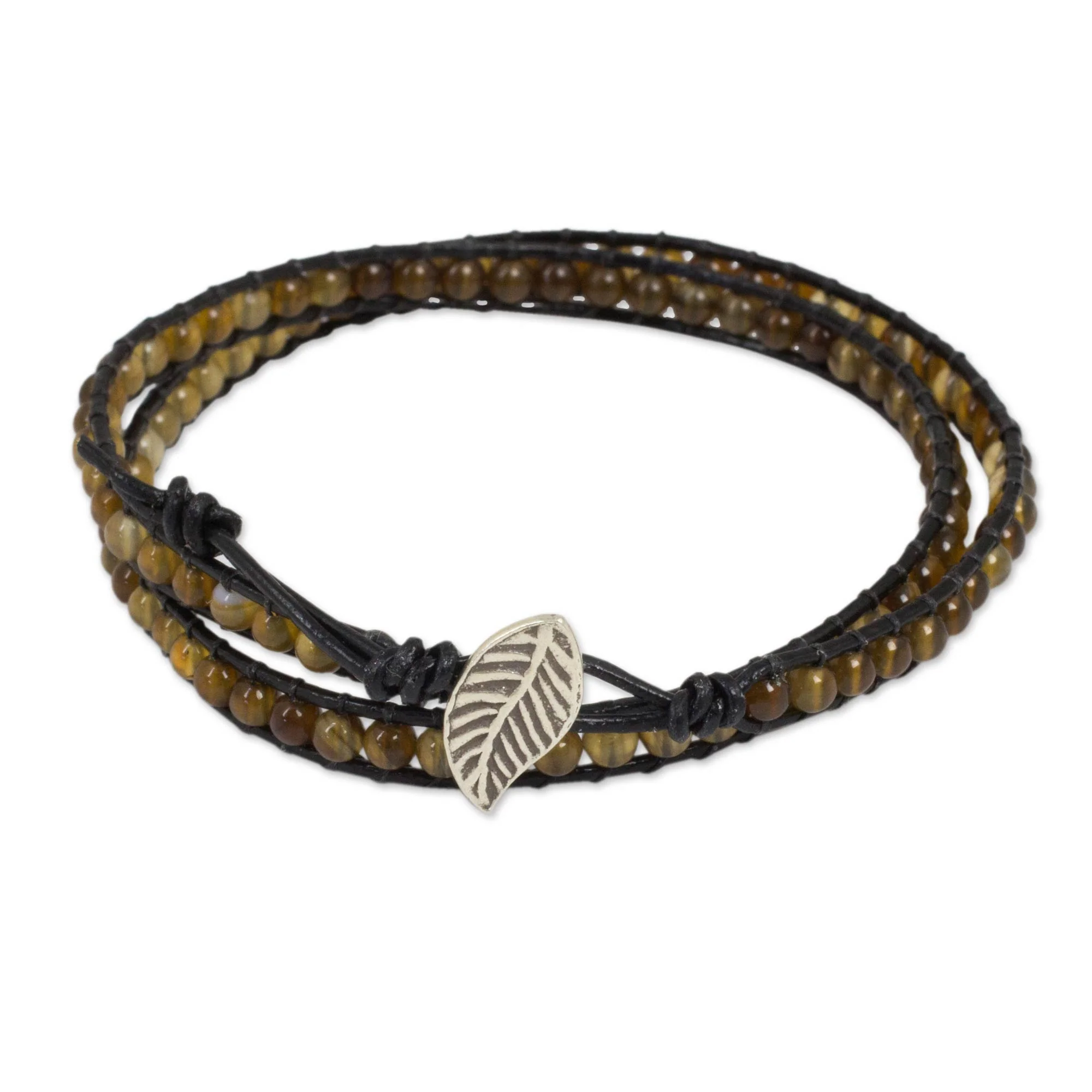 Hill Tribe Sun Handcrafted Thai Black Leather Bracelet with Golden Agate - Image 2