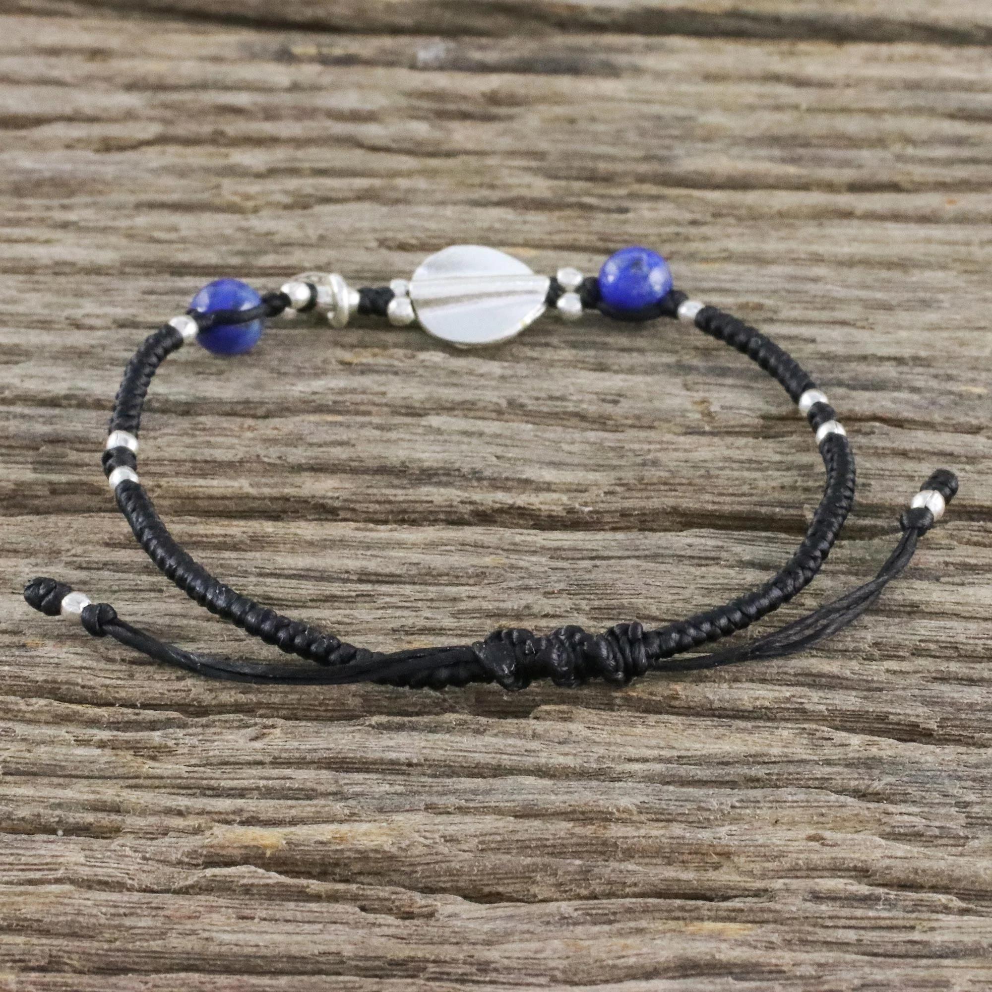 Hill Tribe Twist Beaded 950 Silver and Lapis Lazuli Cord Bracelet - Image 3
