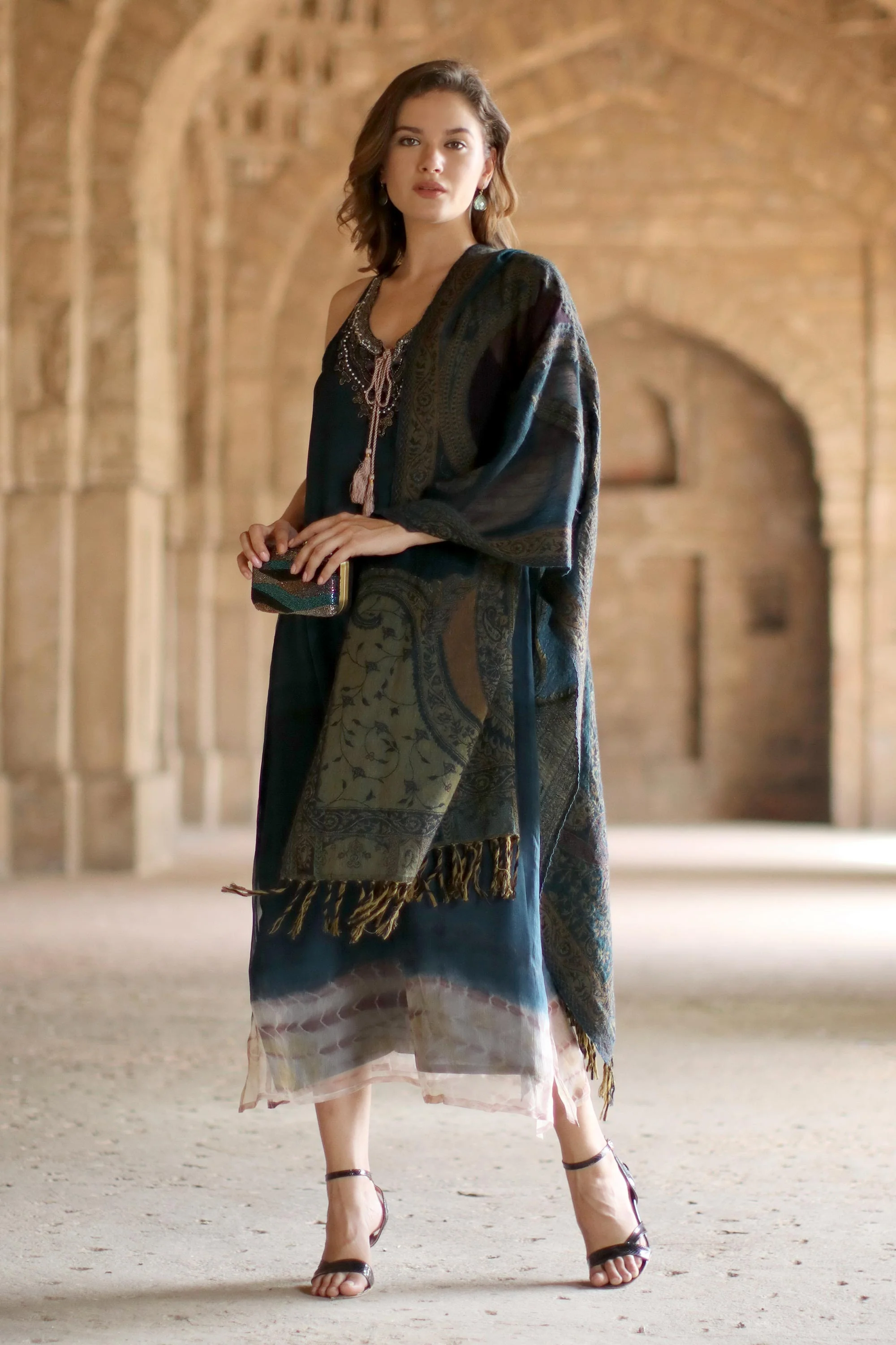Himalayan Heirloom in Teal Handwoven Jamawar Wool Shawl in Teal from India - Image 3