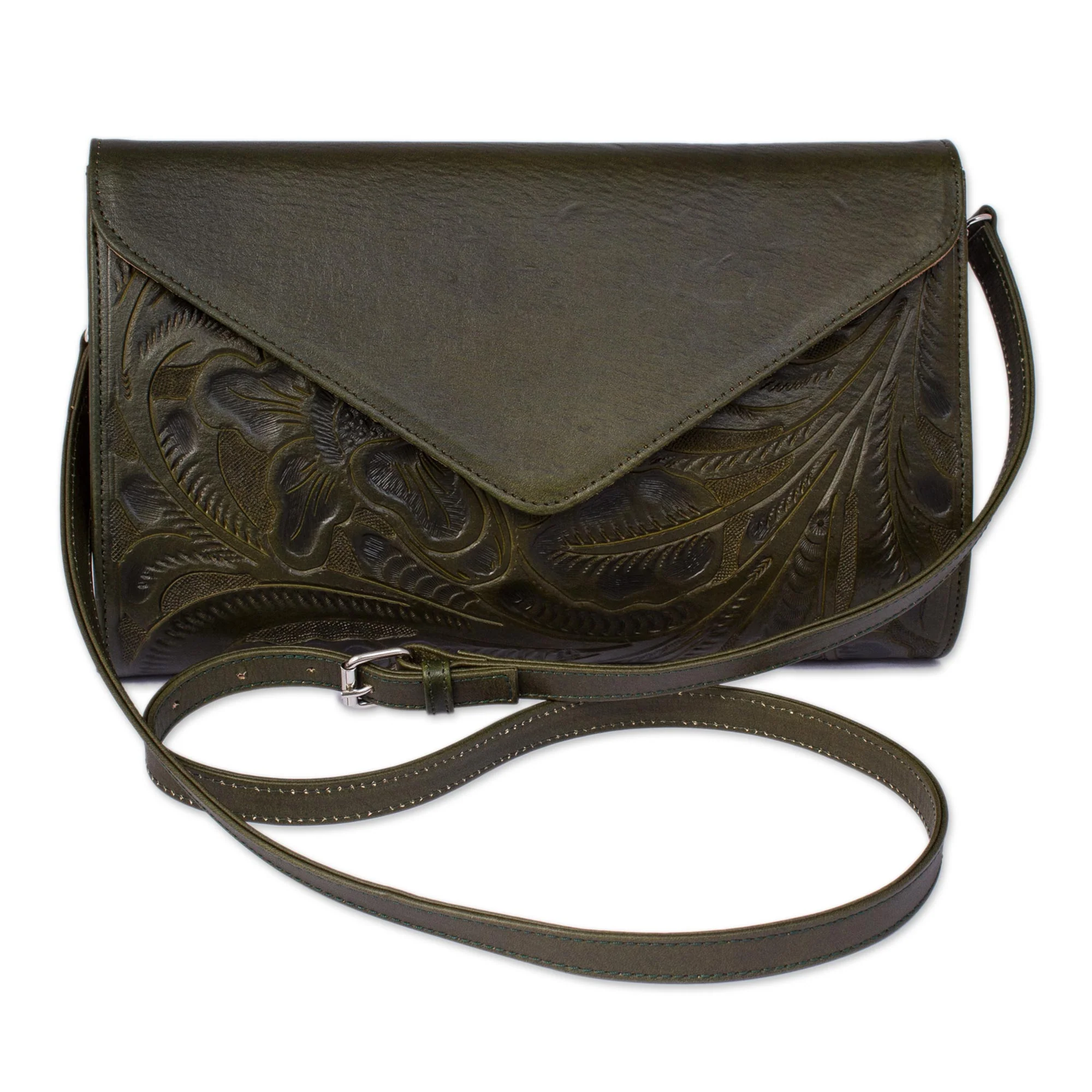 Historic Floral in Moss Floral Pattern Leather Handbag in Moss from Mexico - Image 2
