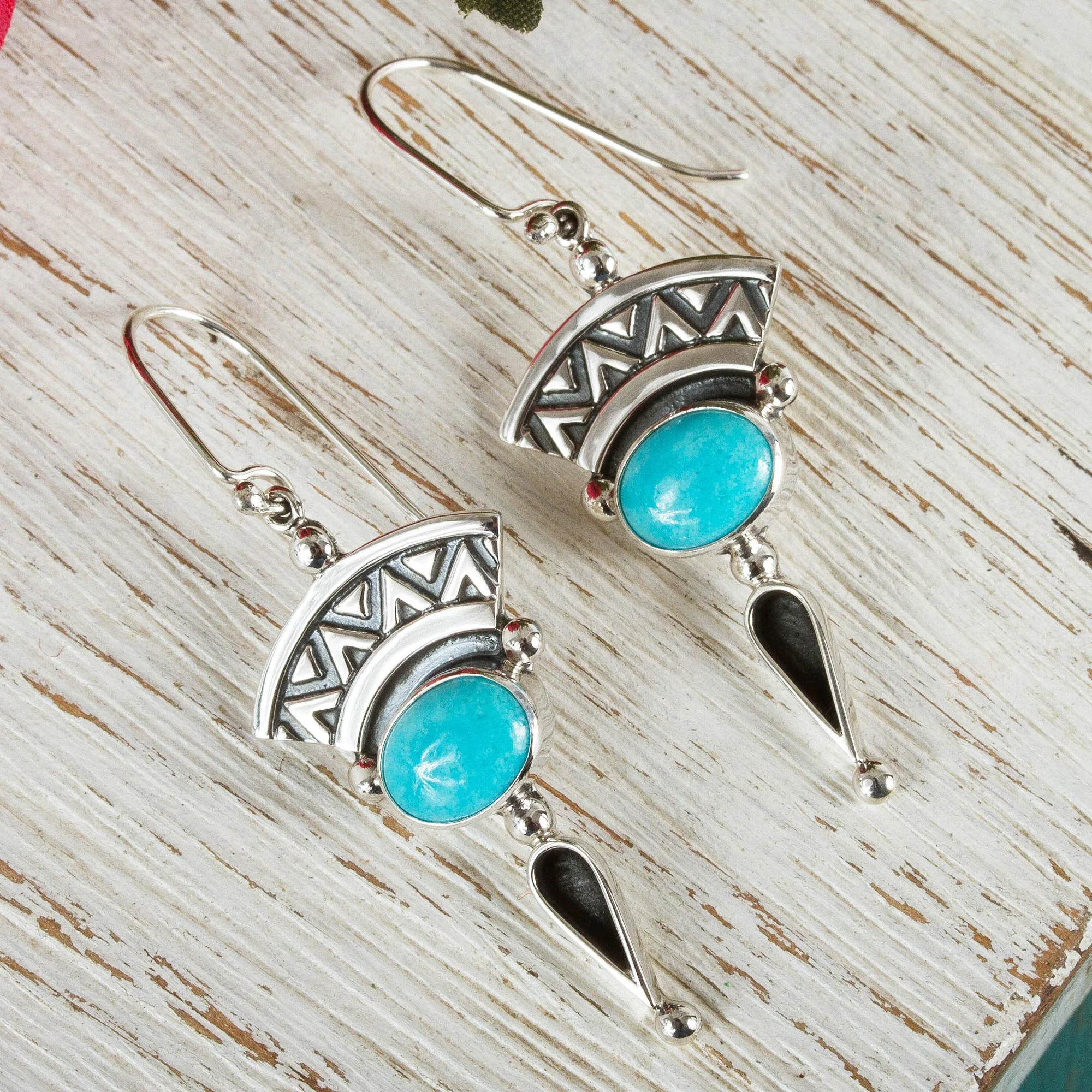 History and Culture Natural Turquoise and Silver Dangle Earrings from Mexico - Image 3