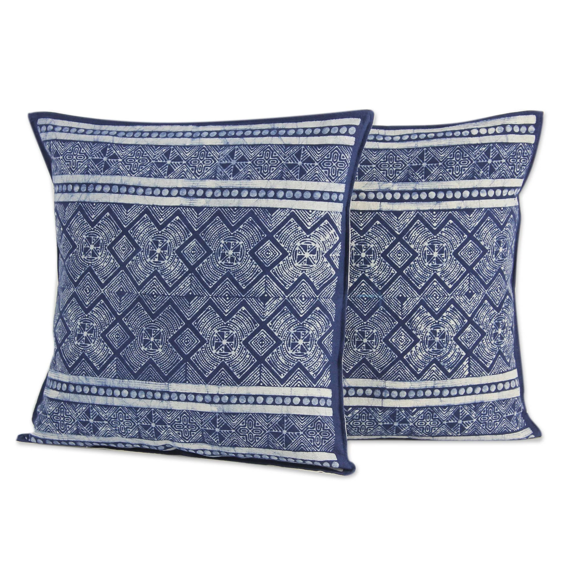 Hmong Energy Thai Artisan Crafted Blue Batik Cotton Pillow Covers (pair) - Image 2