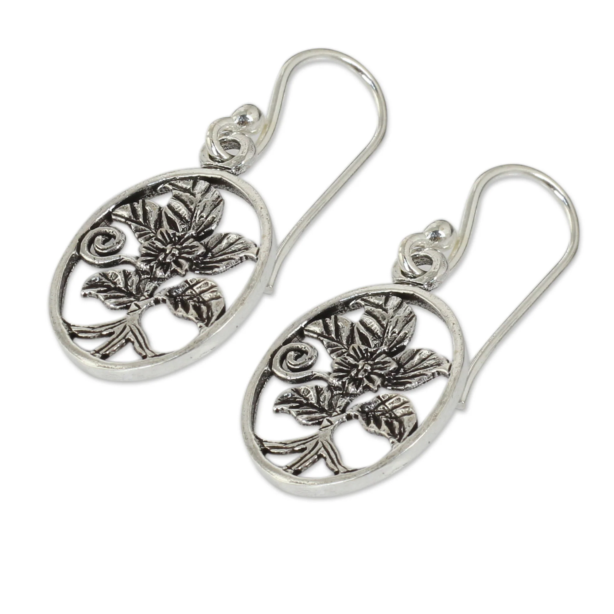 Hollyhocks Thai Artisan Crafted Flower Theme Silver Hook Earrings - Image 3