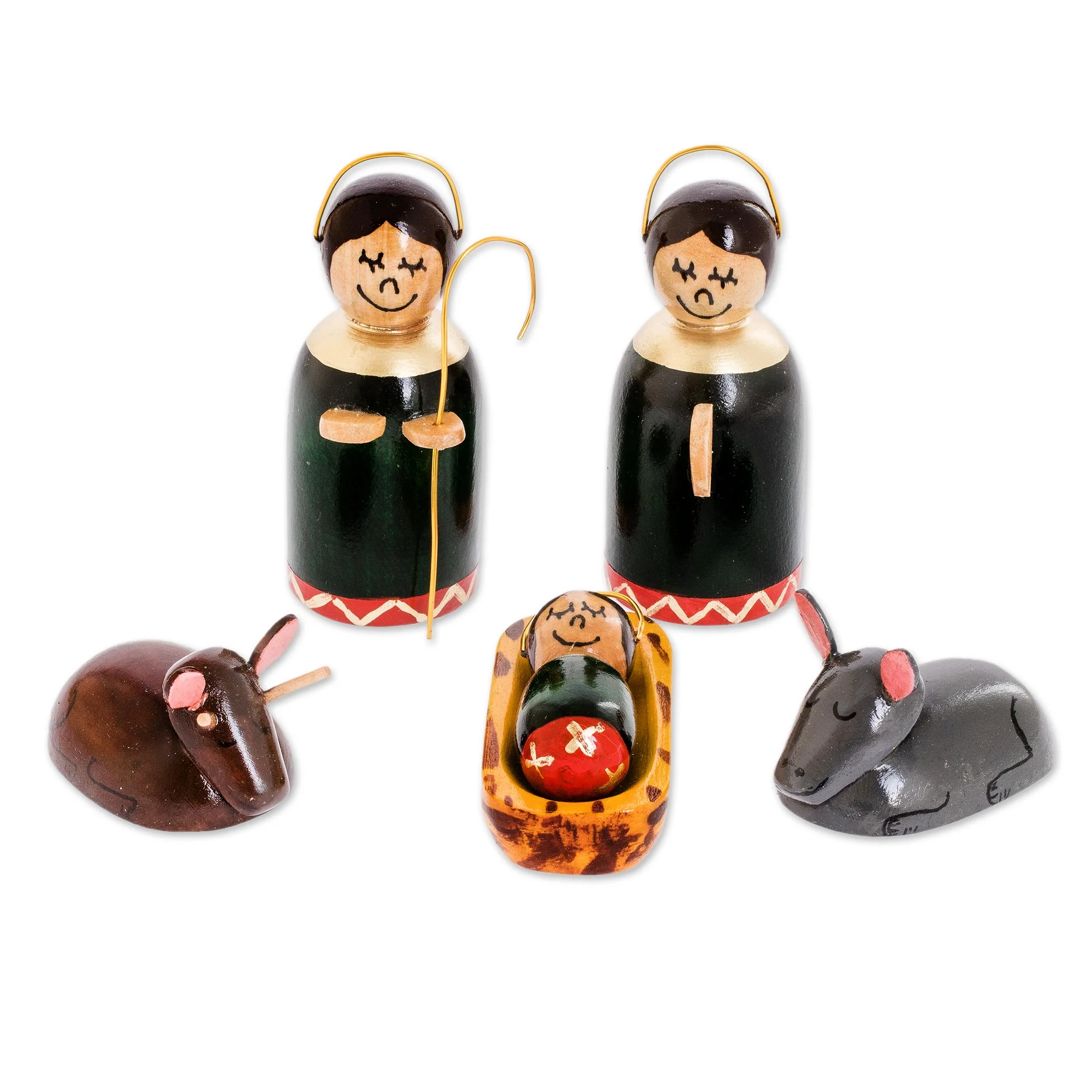 Holy Family in Dark Green Guatemala 6 Piece Handcrafted Cypress Wood Nativity Scene - Image 2