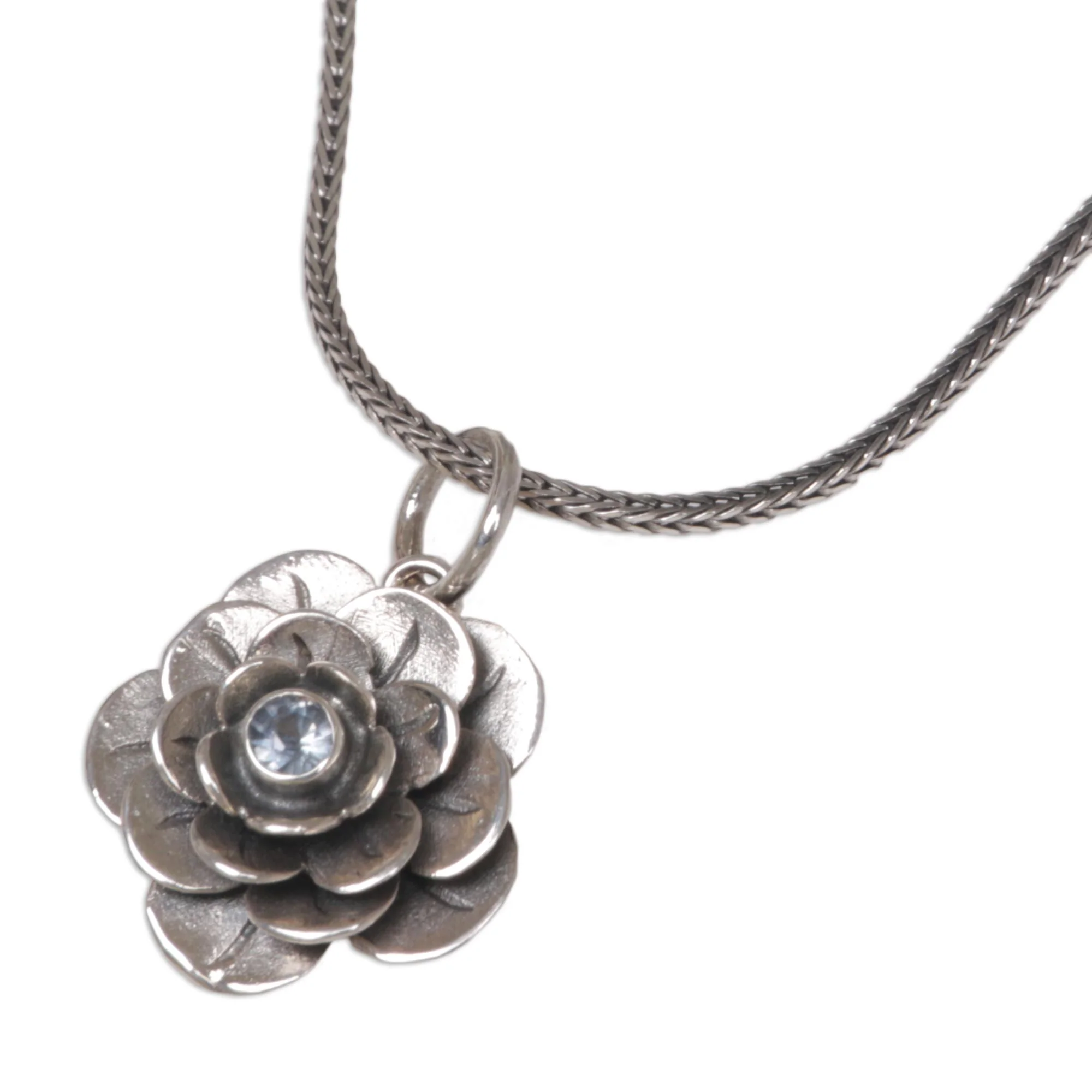 Holy Lotus Handcrafted Floral Silver and Blue Topaz Necklace - Image 3