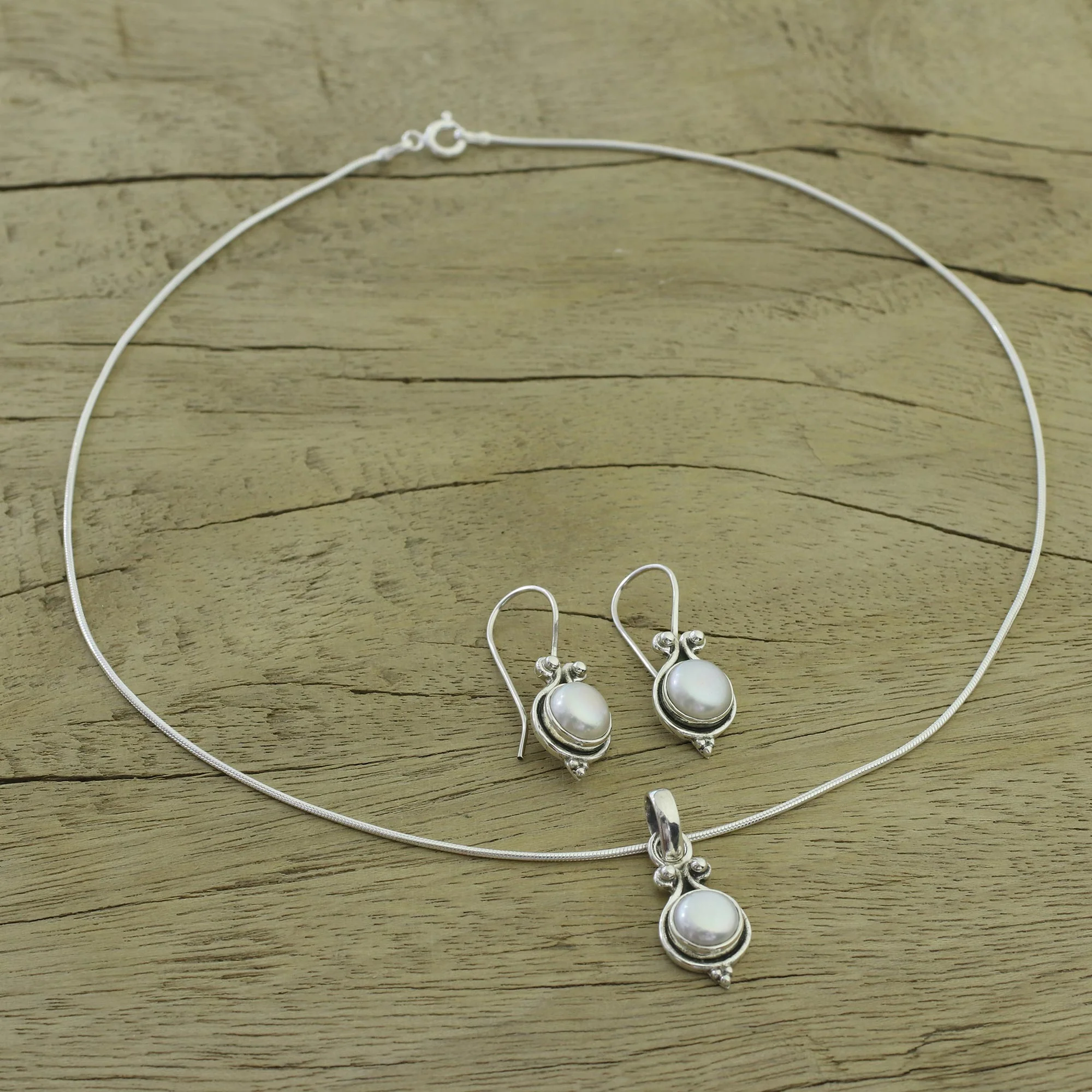 Honesty Bridal Sterling Silver Pearl Jewelry Set from India - Image 3